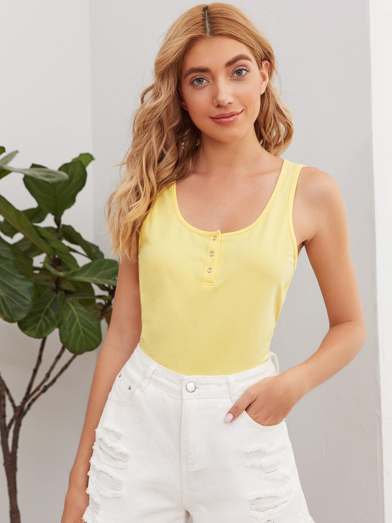 Half Placket Solid Tank Top