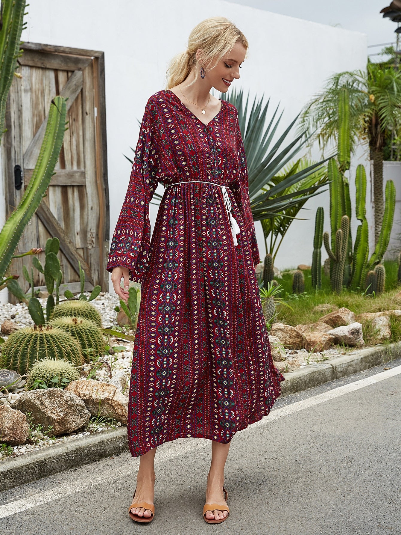 Batwing Sleeve Tribal Print Self Tie Dress