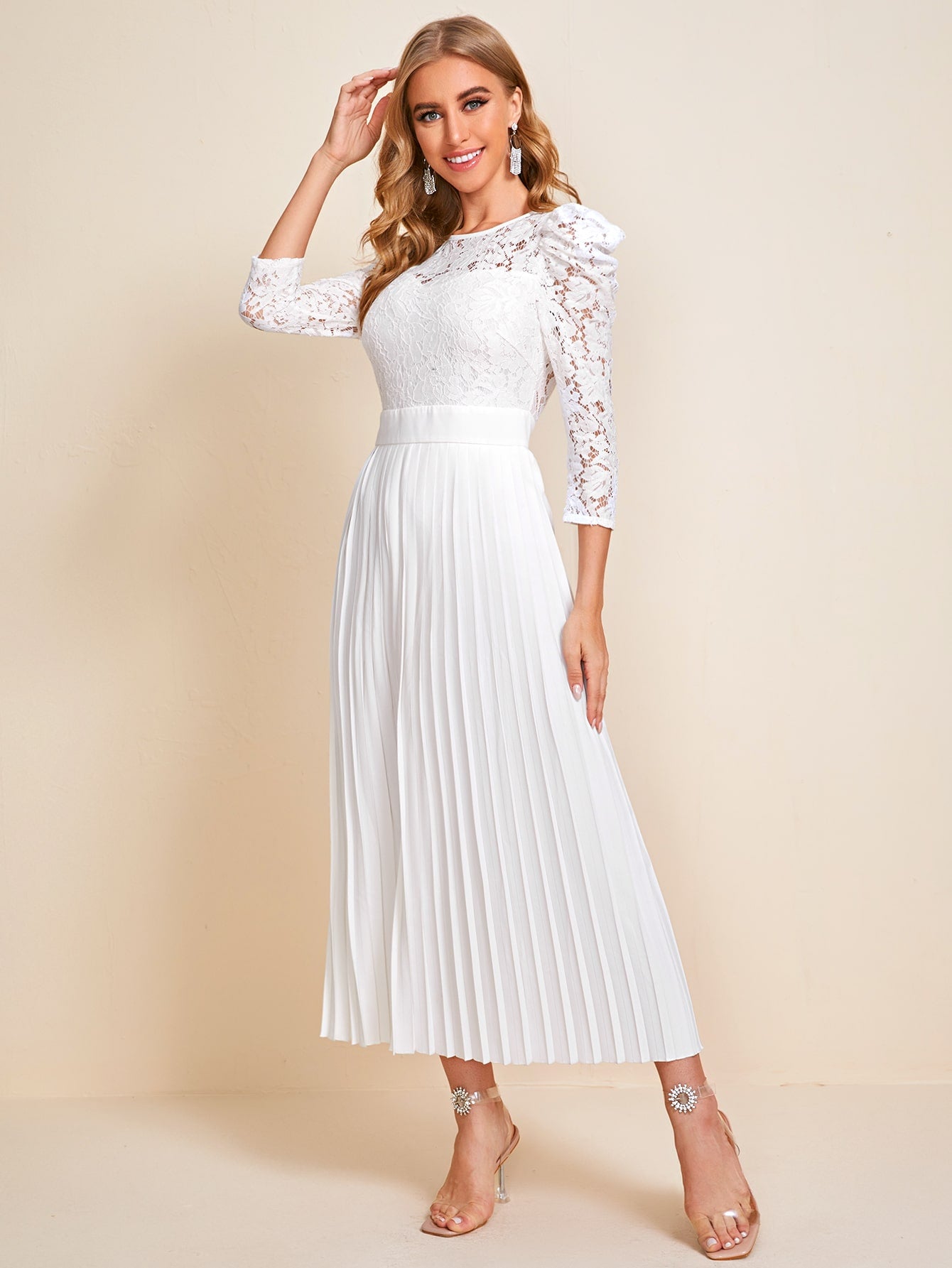 Lace Bodice Pleated Hem Dress