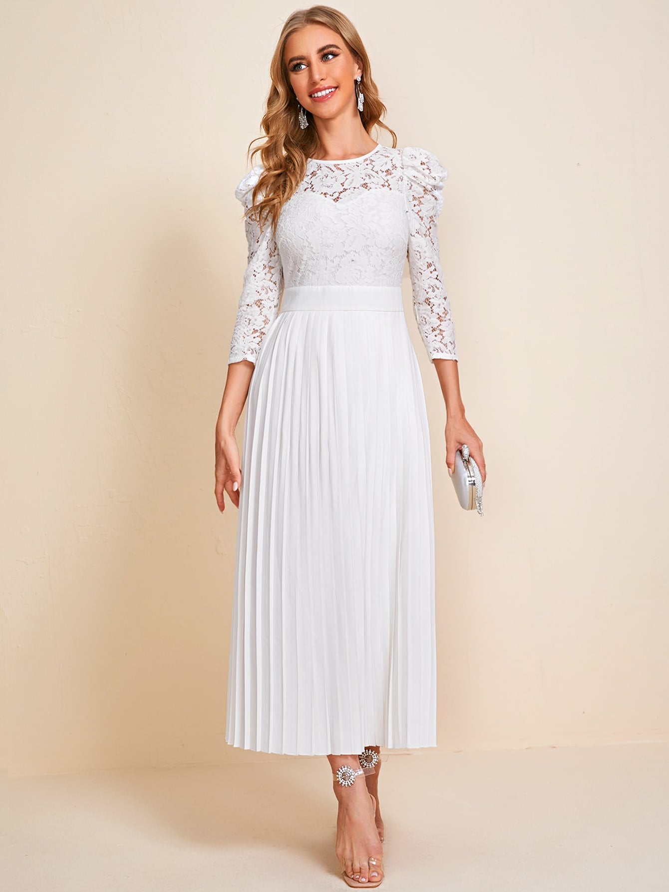 Lace Bodice Pleated Hem Dress