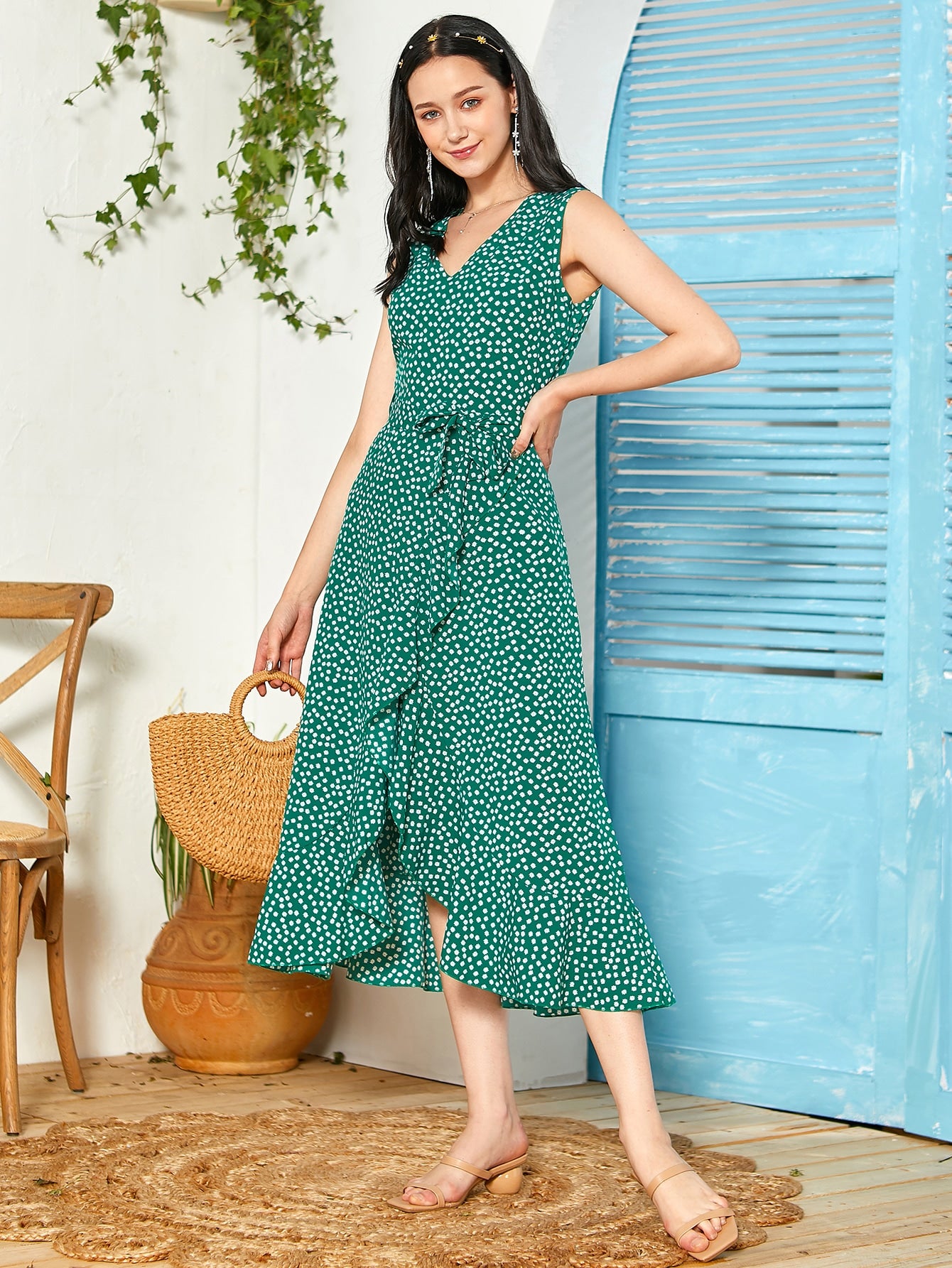 Ditsy Floral Tulip Hem Belted Dress