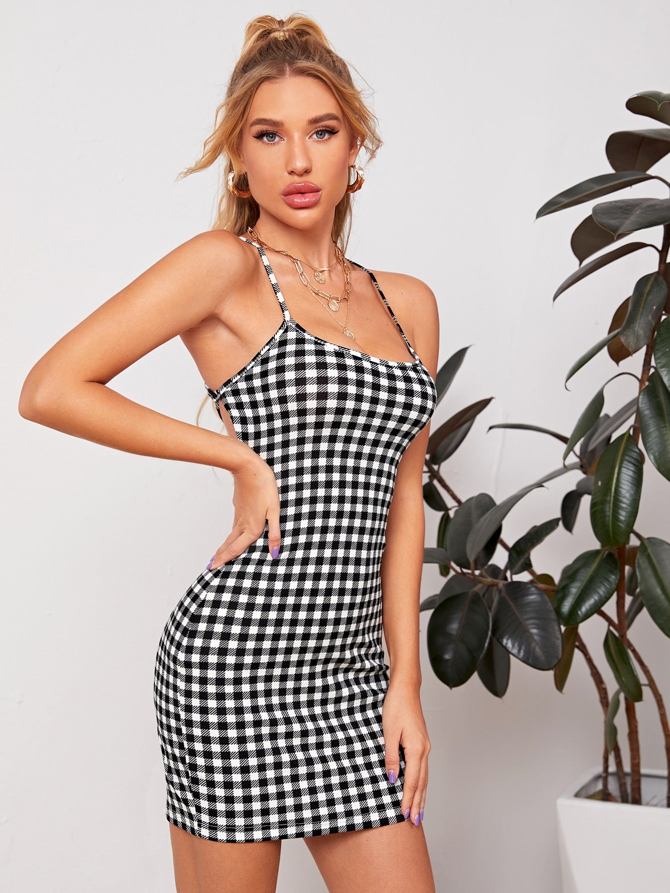 Lace Up Backless Gingham Bodycon Dress