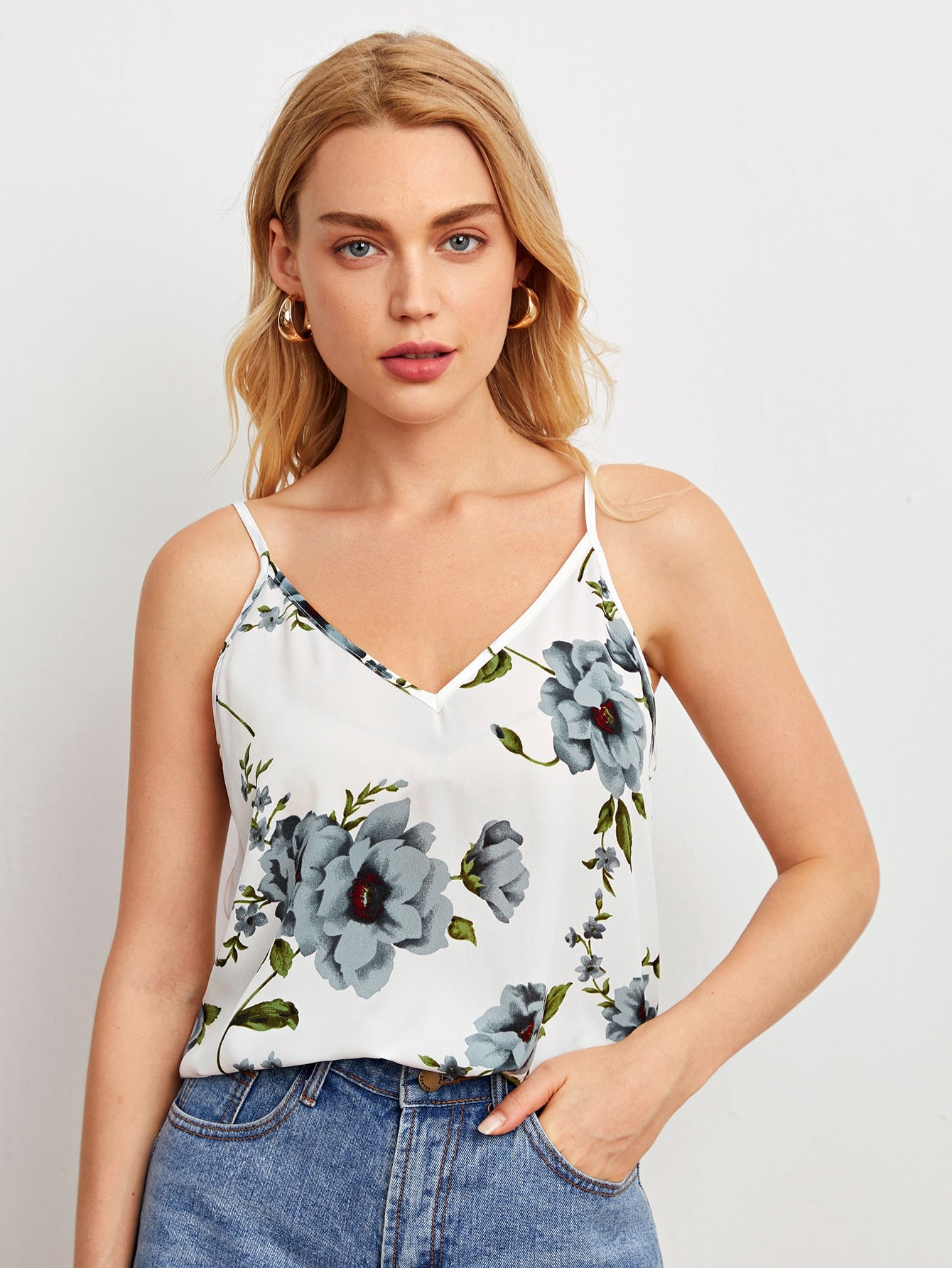 Double V-Neck Striped Cami Top