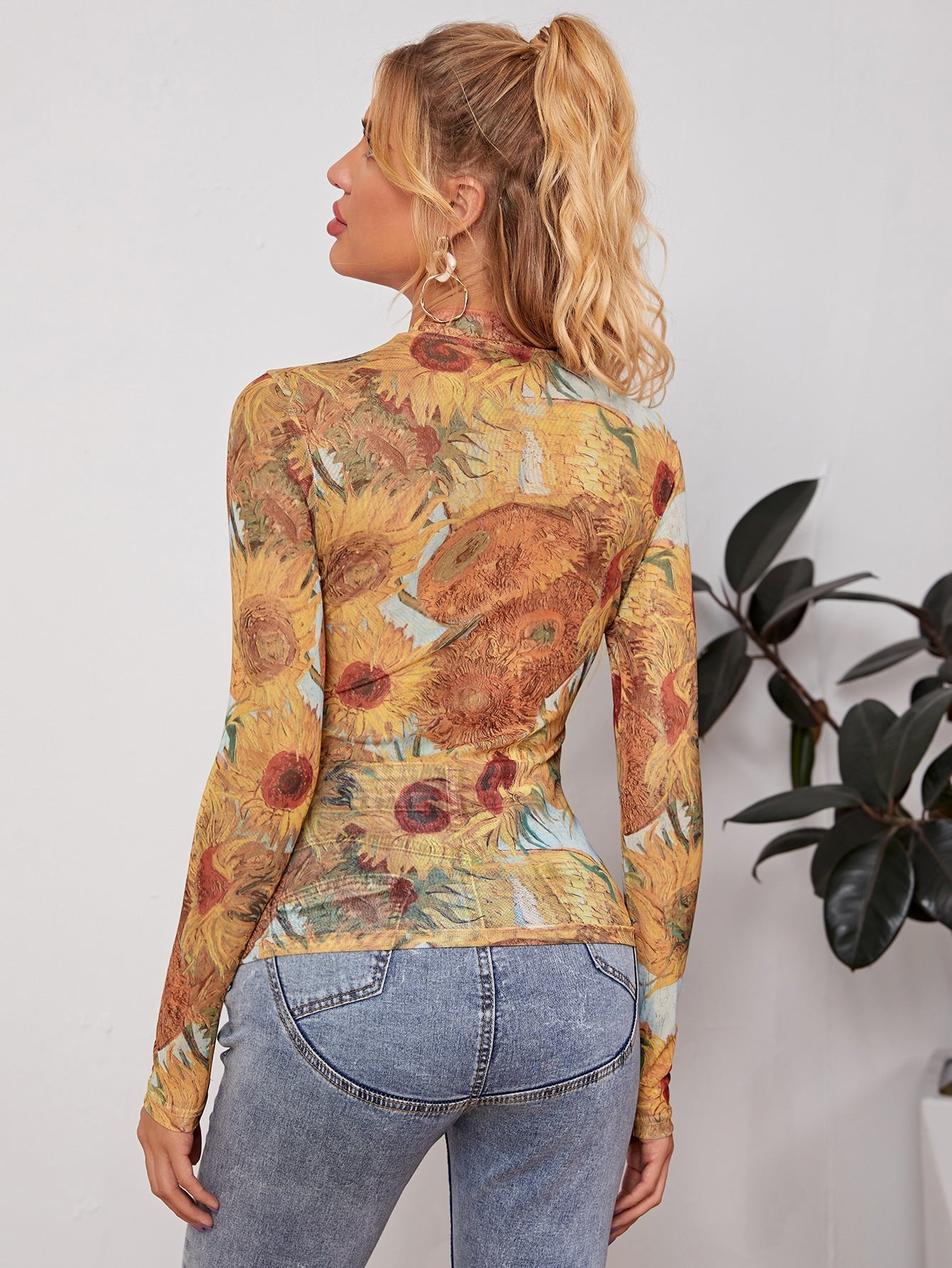 Mock-neck Sunflower Mesh Fitted Top