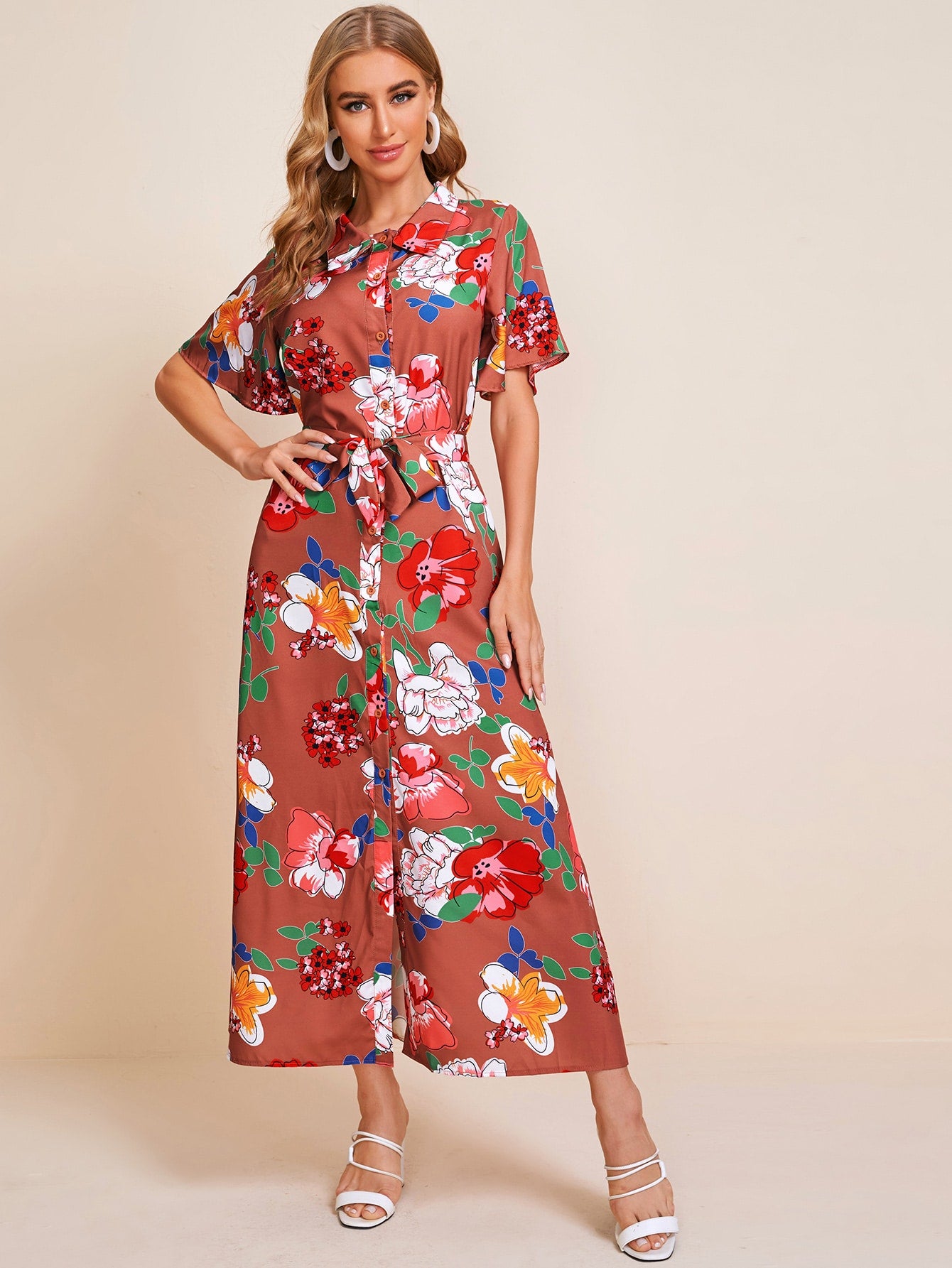 Large Floral Self Tie Button Up Shirt Dress