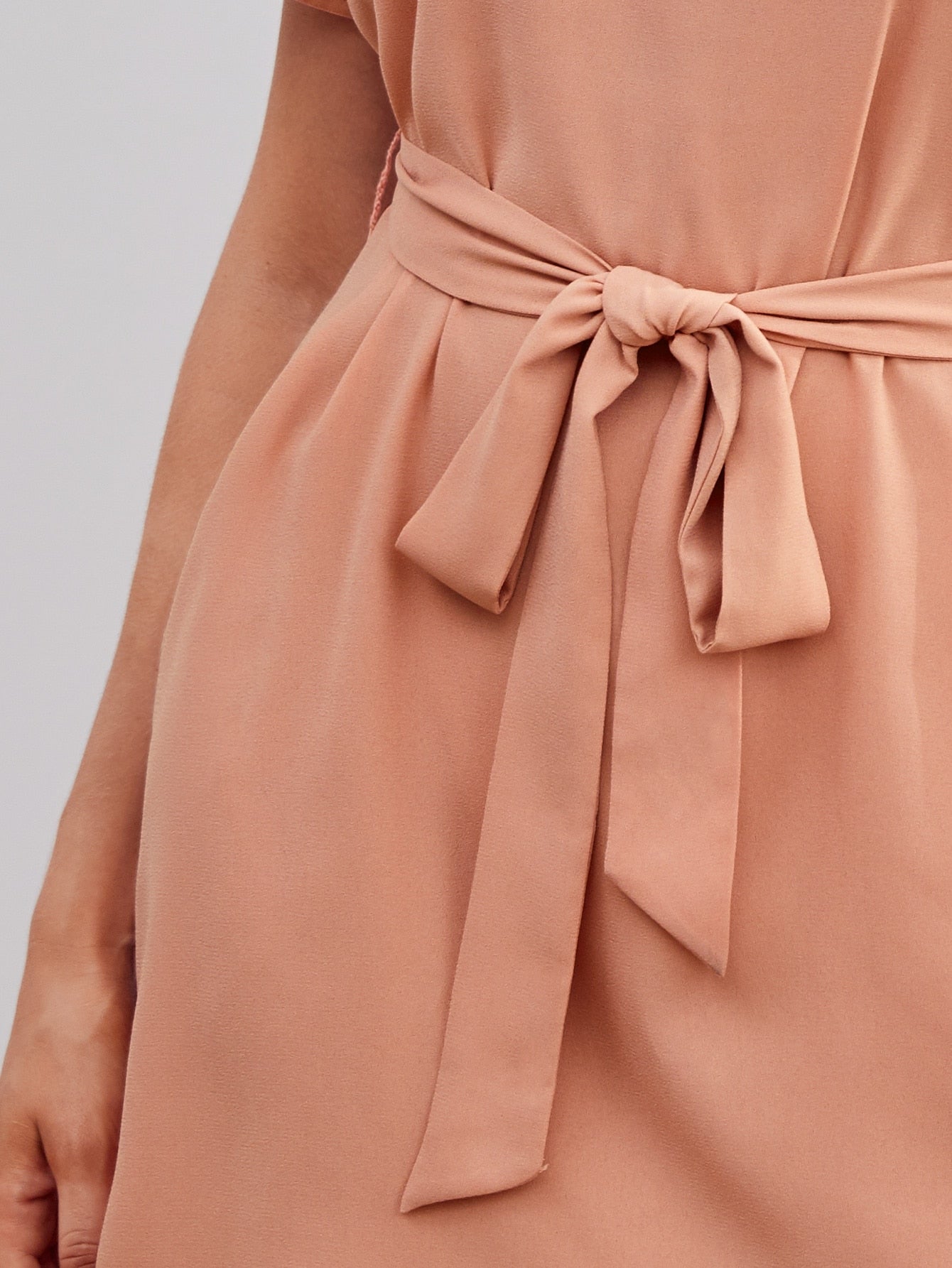 Keyhole Back Curved Hem Belted Dress