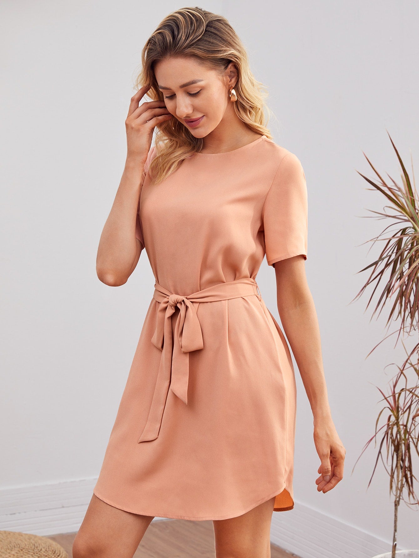 Keyhole Back Curved Hem Belted Dress