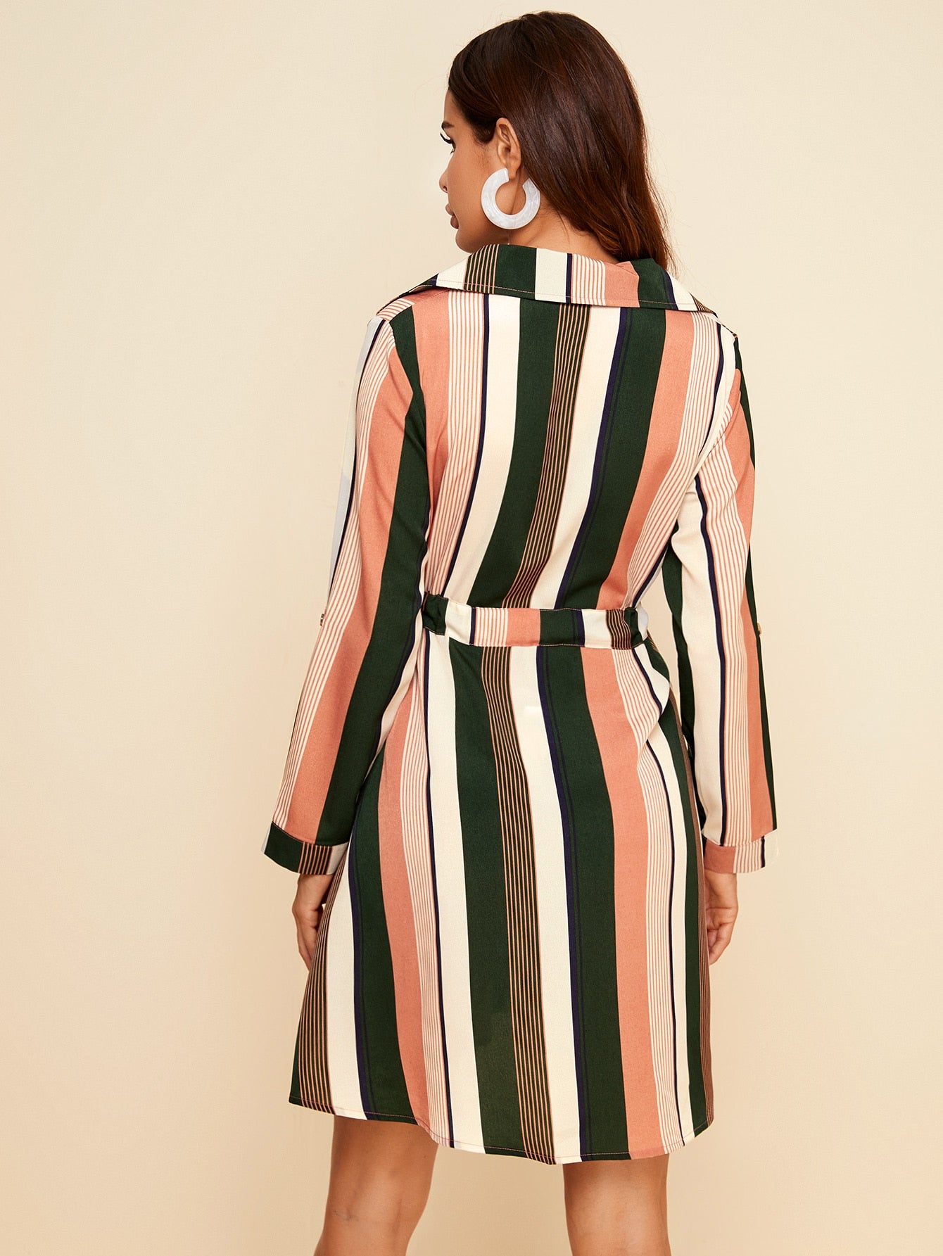 Colorful Stripe Drawstring Waist Shirt Dress