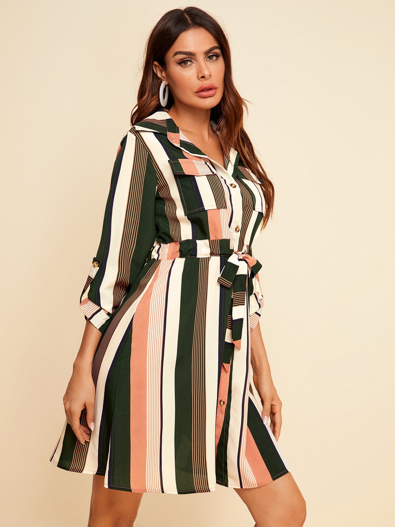 Colorful Stripe Drawstring Waist Shirt Dress