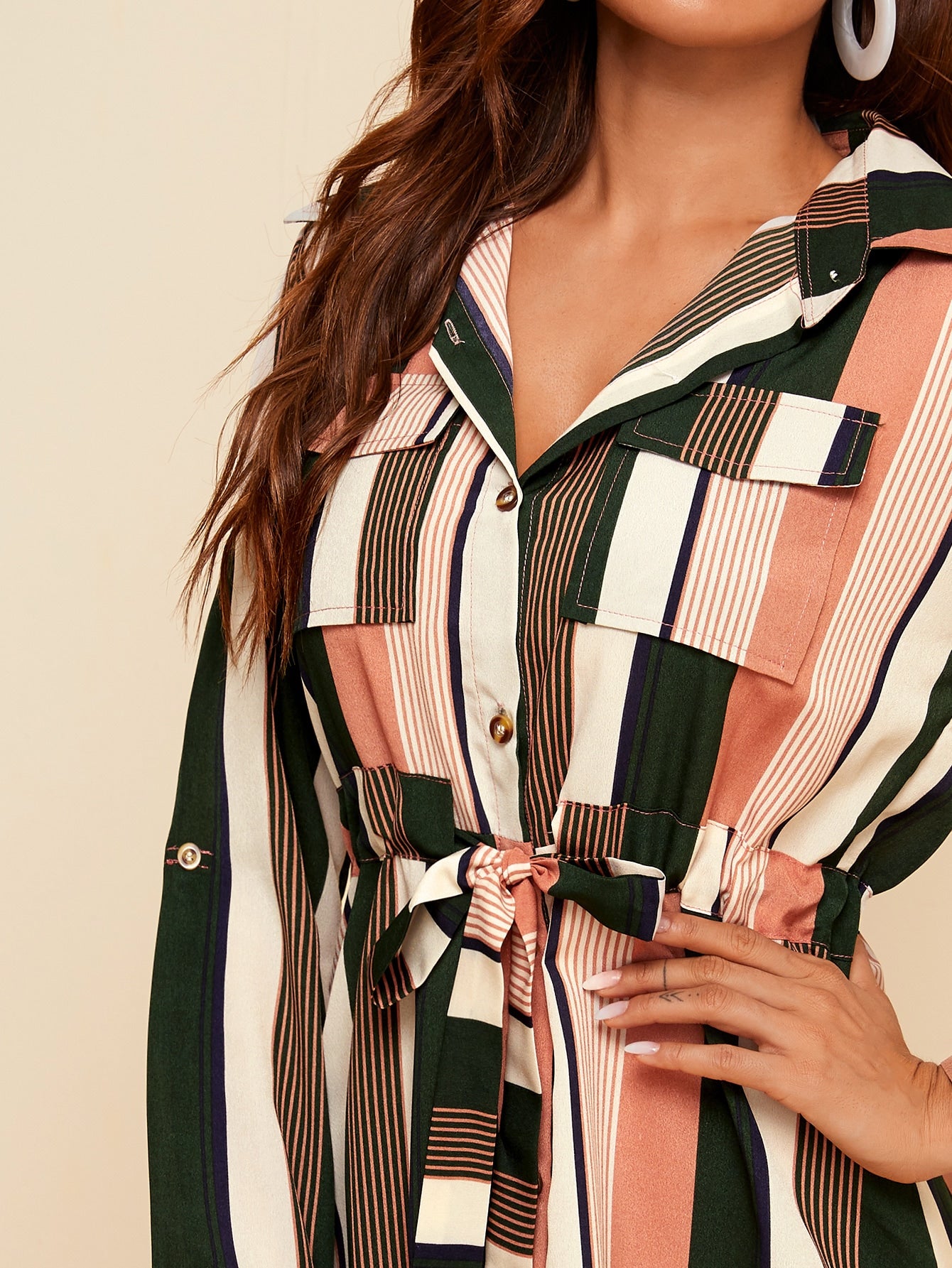 Colorful Stripe Drawstring Waist Shirt Dress