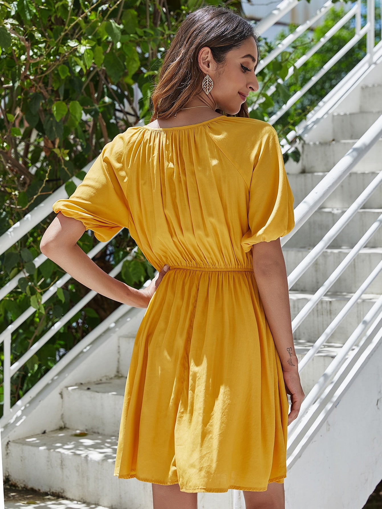 Lantern Sleeve Ruched Swing Dress