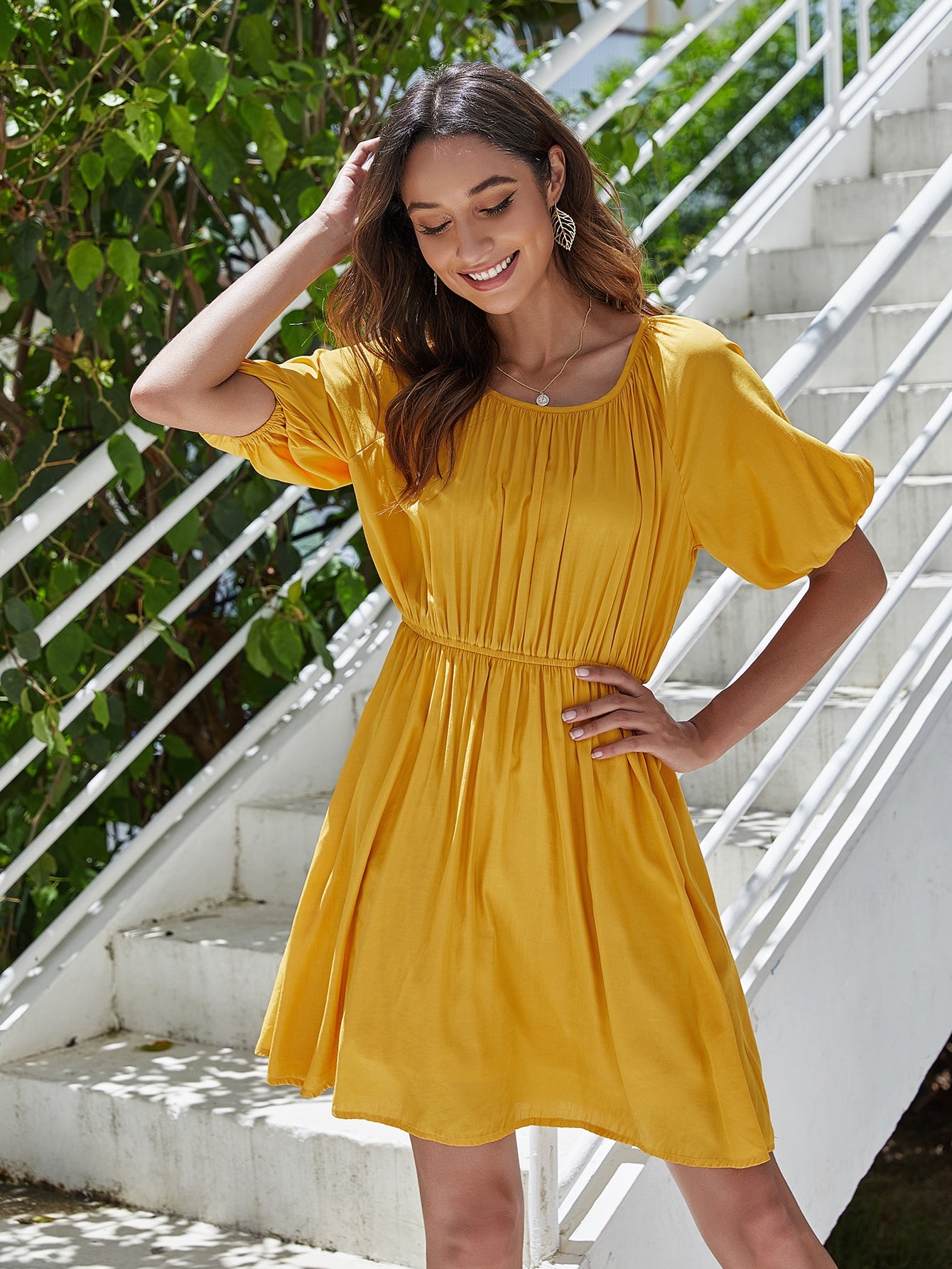 Lantern Sleeve Ruched Swing Dress
