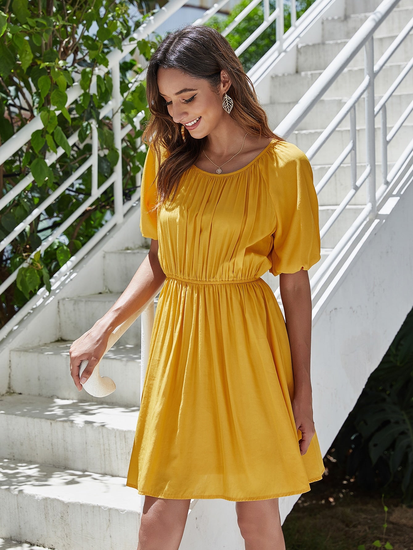 Lantern Sleeve Ruched Swing Dress