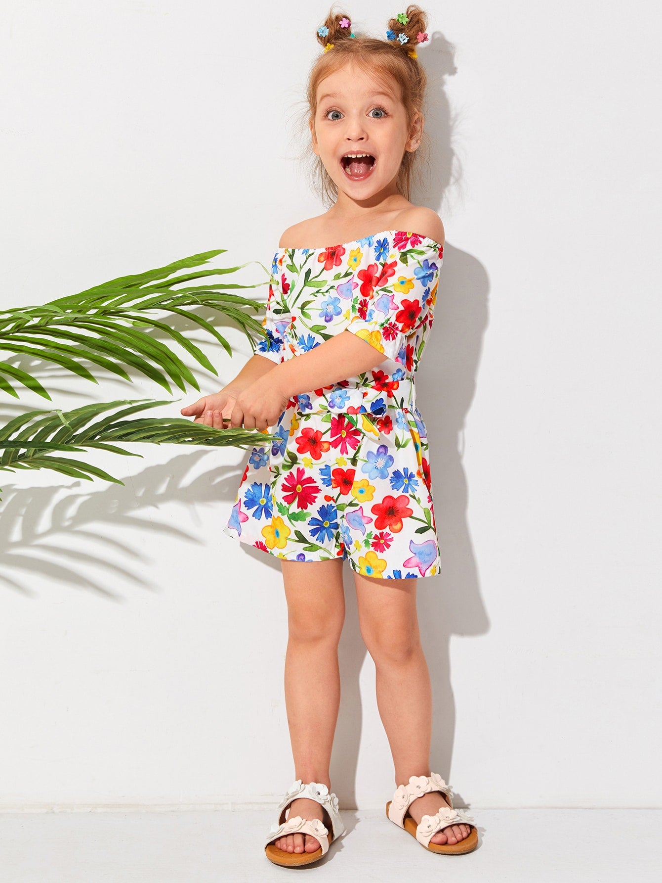 Toddler Girls Allover Floral Belted Bardot Romper