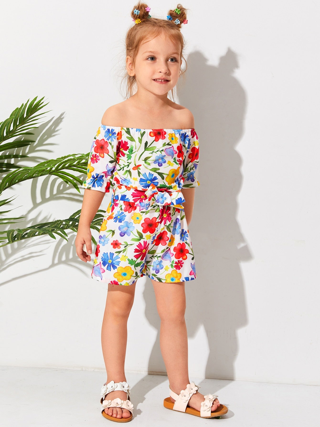 Toddler Girls Allover Floral Belted Bardot Romper
