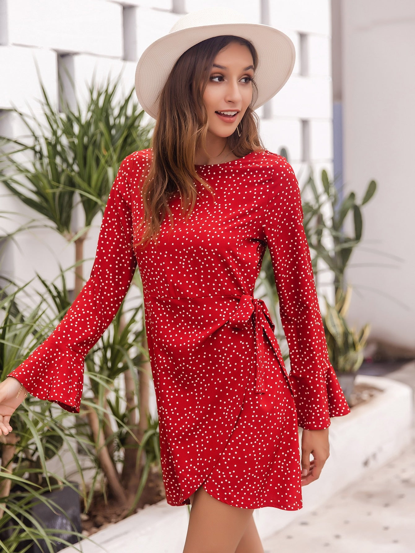 Knot Side Wrap Hem Polka Dot Dress
