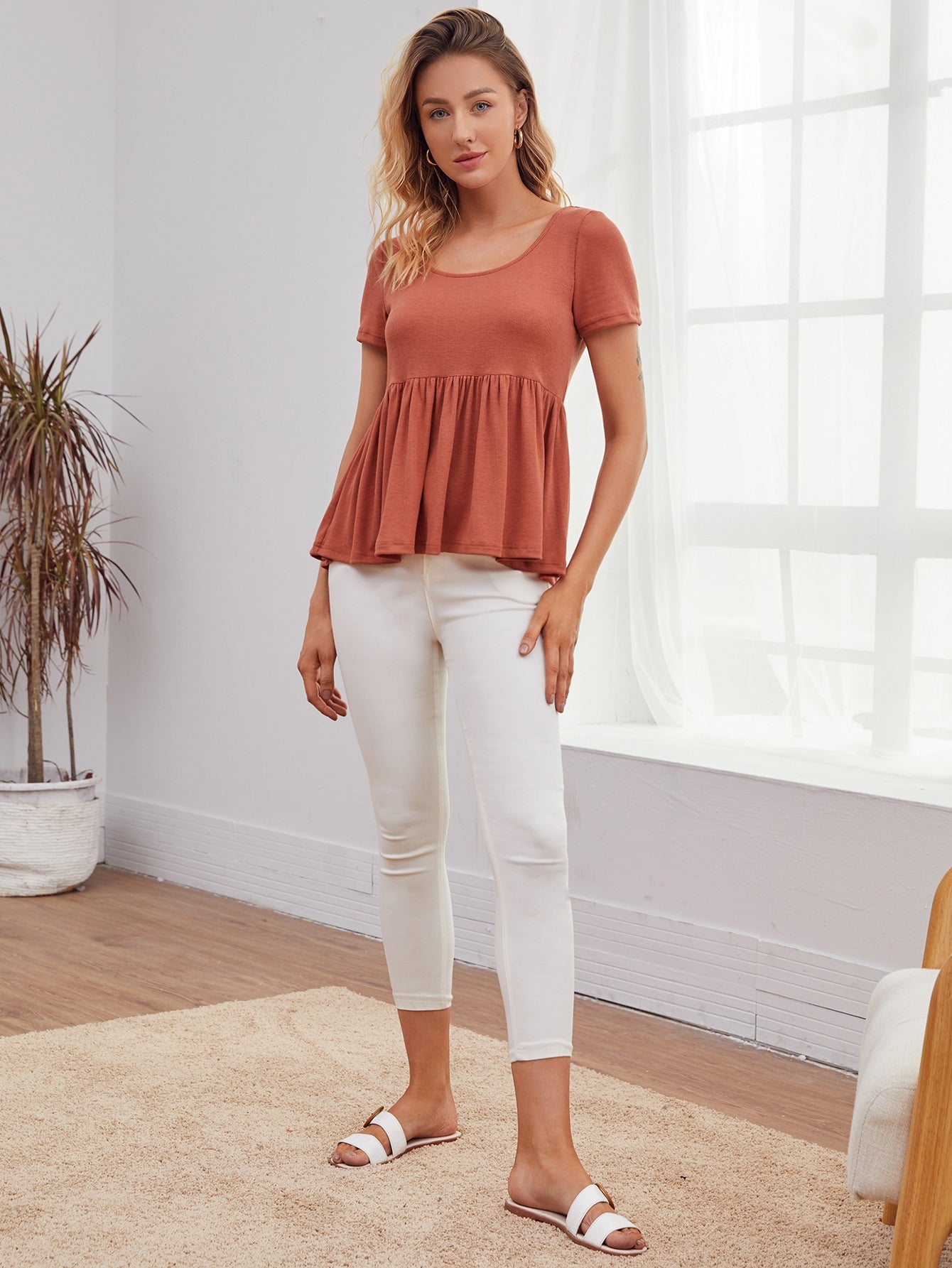 Solid Ruffle Hem Peplum Tee