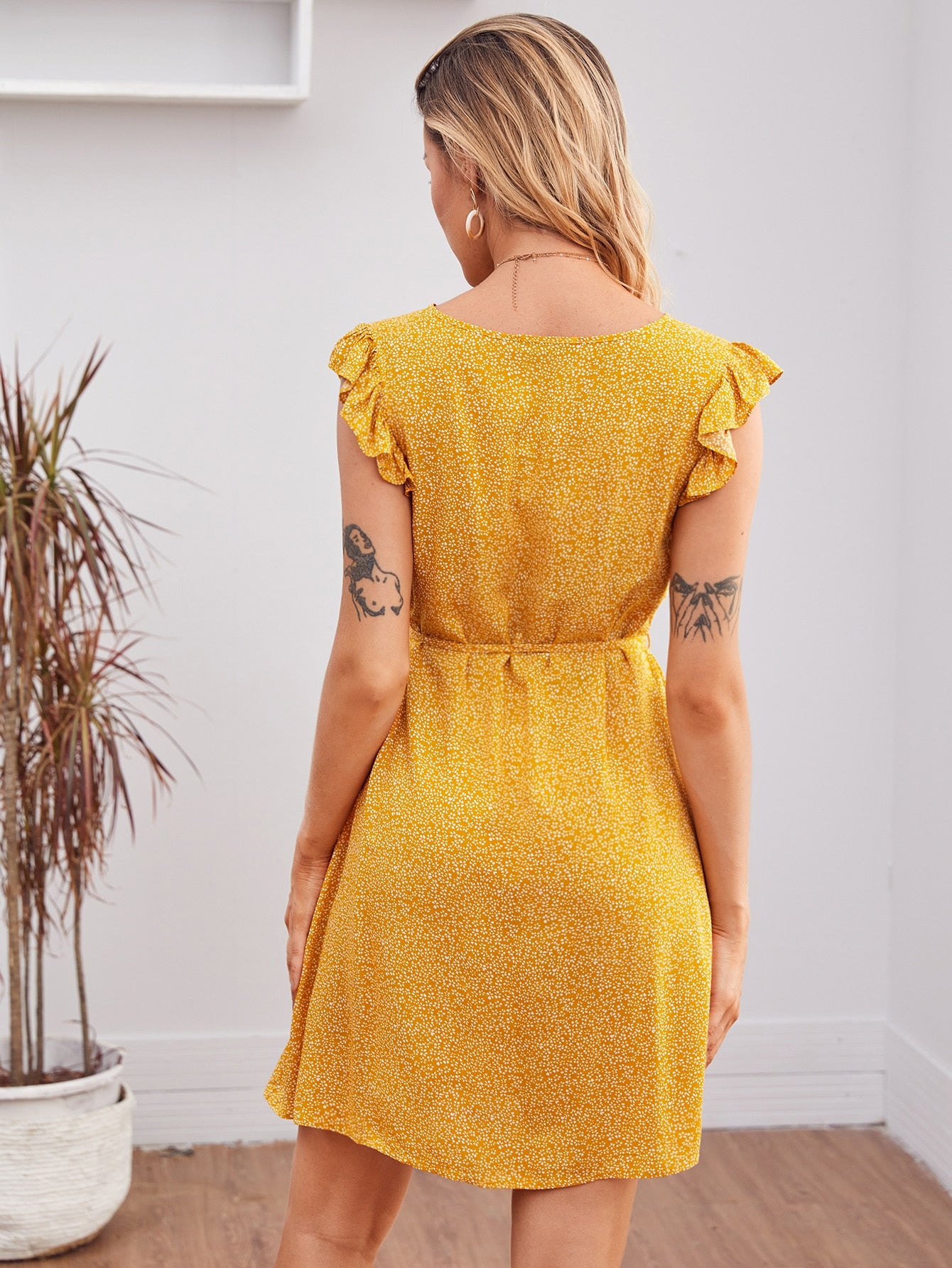 Allover Print Ruffle Armhole Self Belted Dress