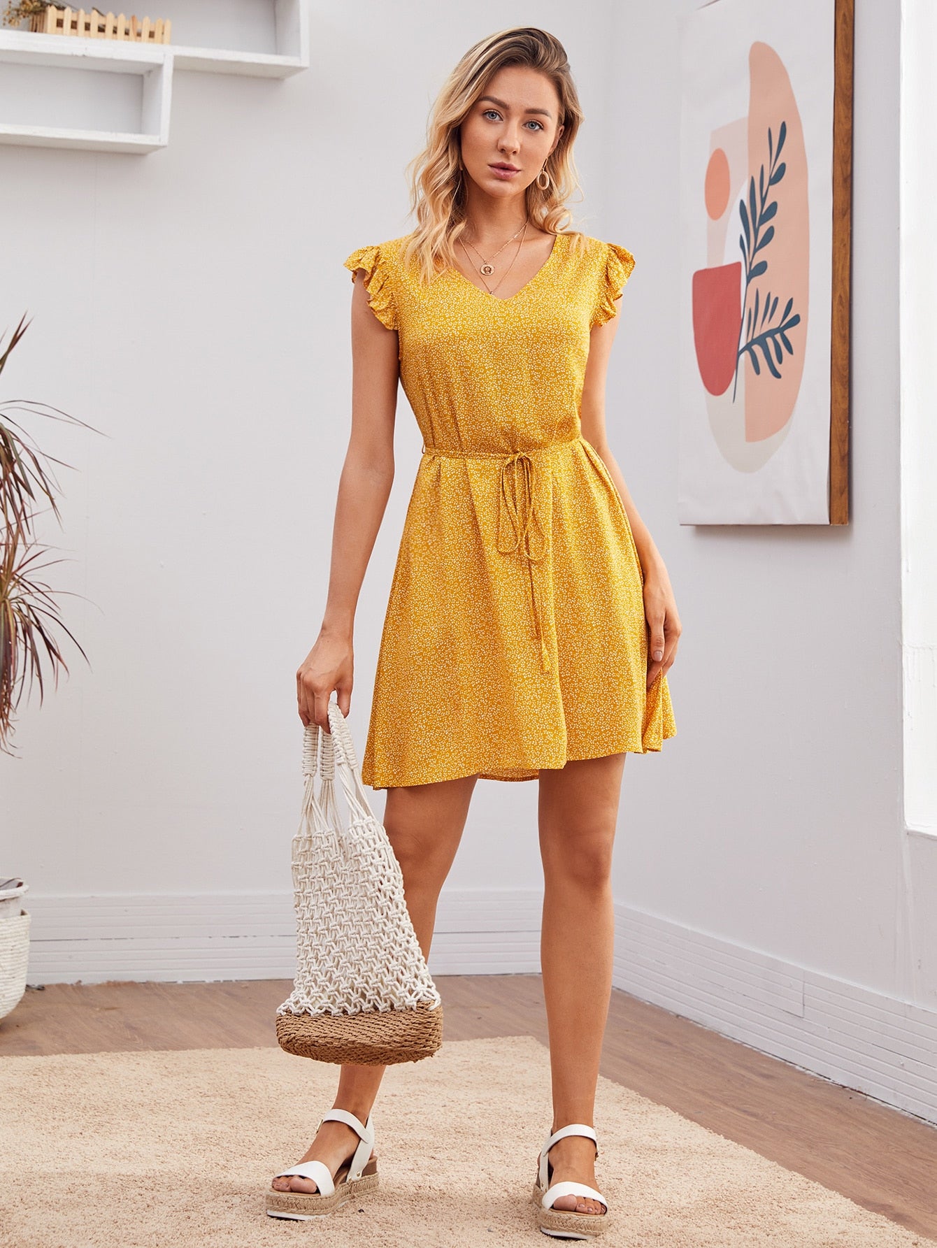 Allover Print Ruffle Armhole Self Belted Dress