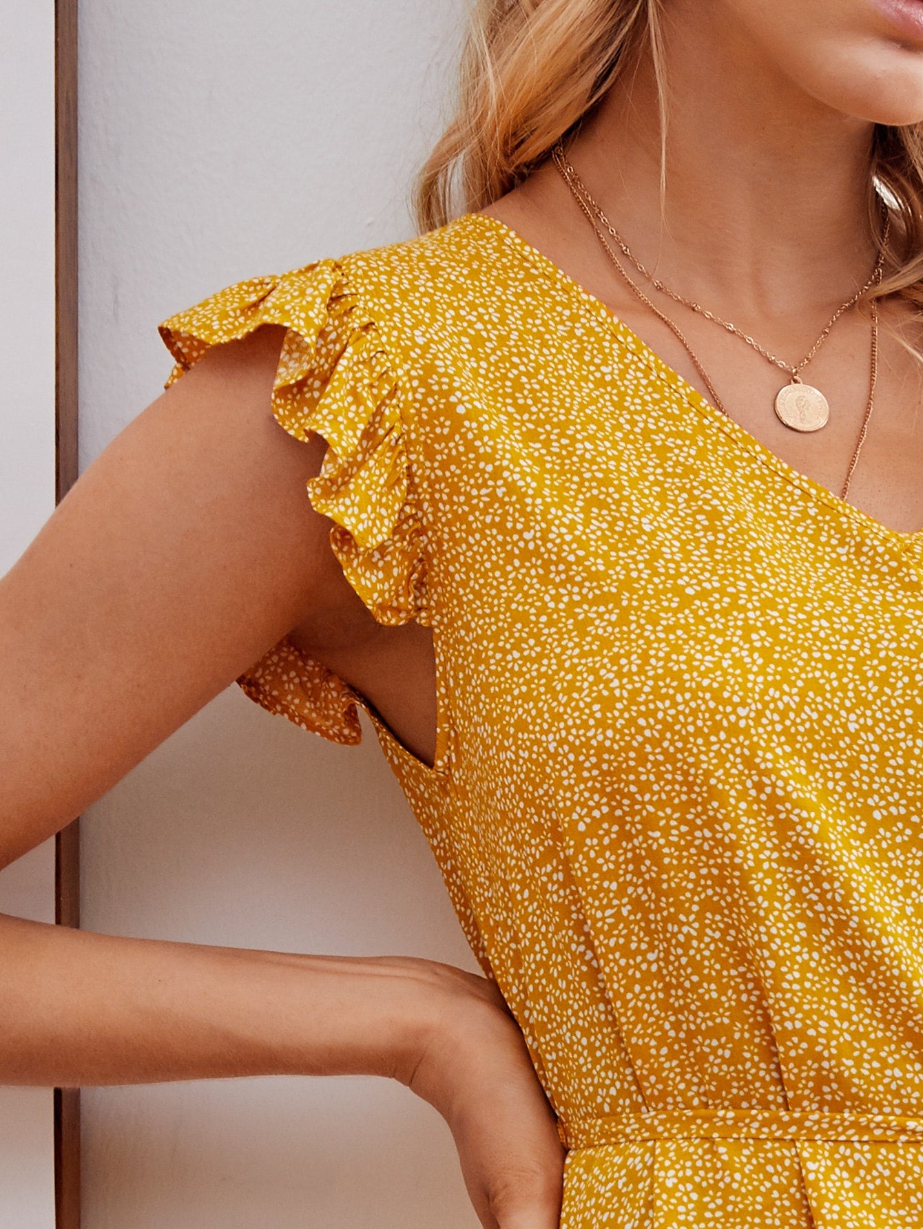 Allover Print Ruffle Armhole Self Belted Dress