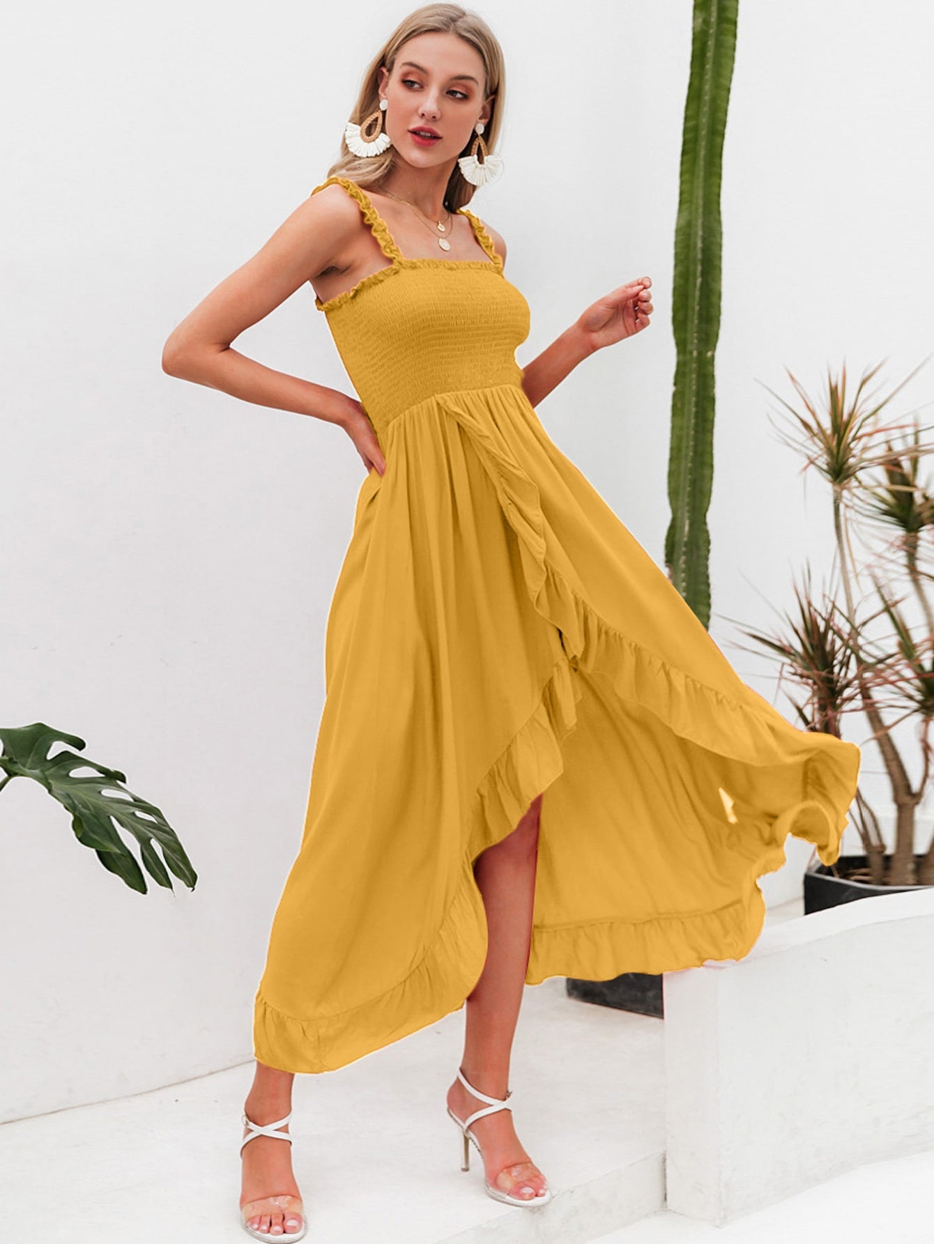 Ruffle Trim Wrap Shirred Dress