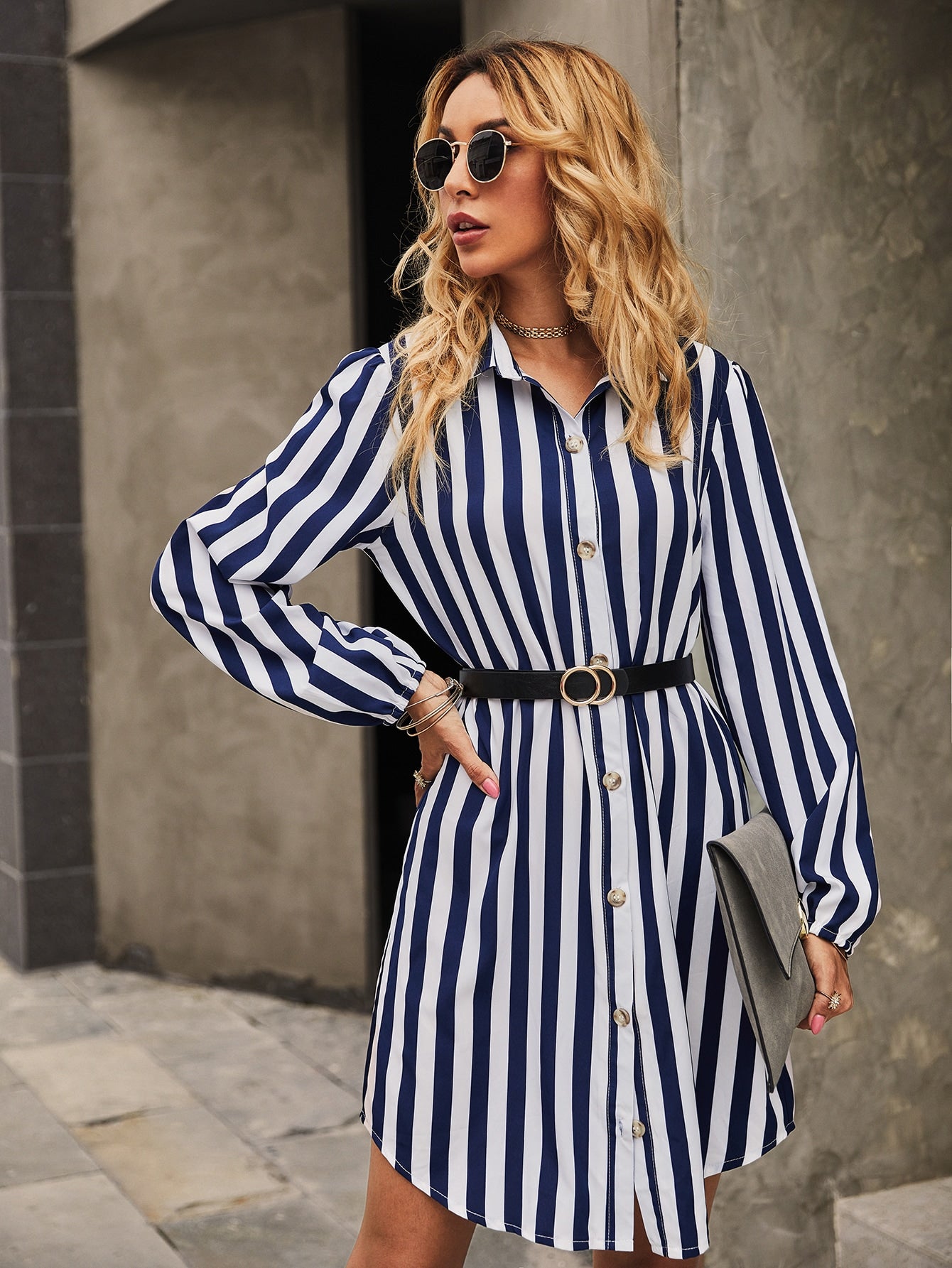 Stripe Print Shirt Dress With Belt