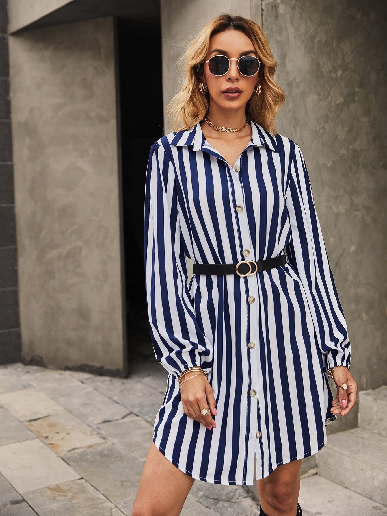 Stripe Print Shirt Dress With Belt