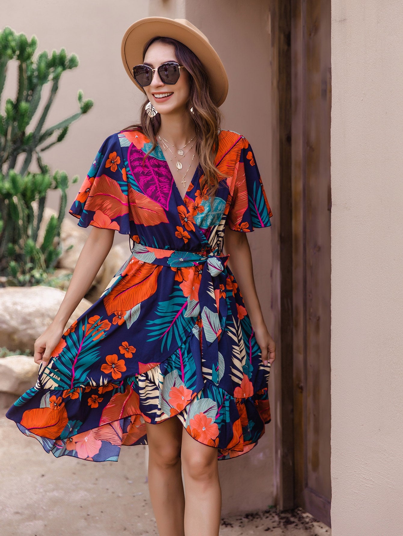 Tropical Print Self Tie Ruffle Wrap Dress