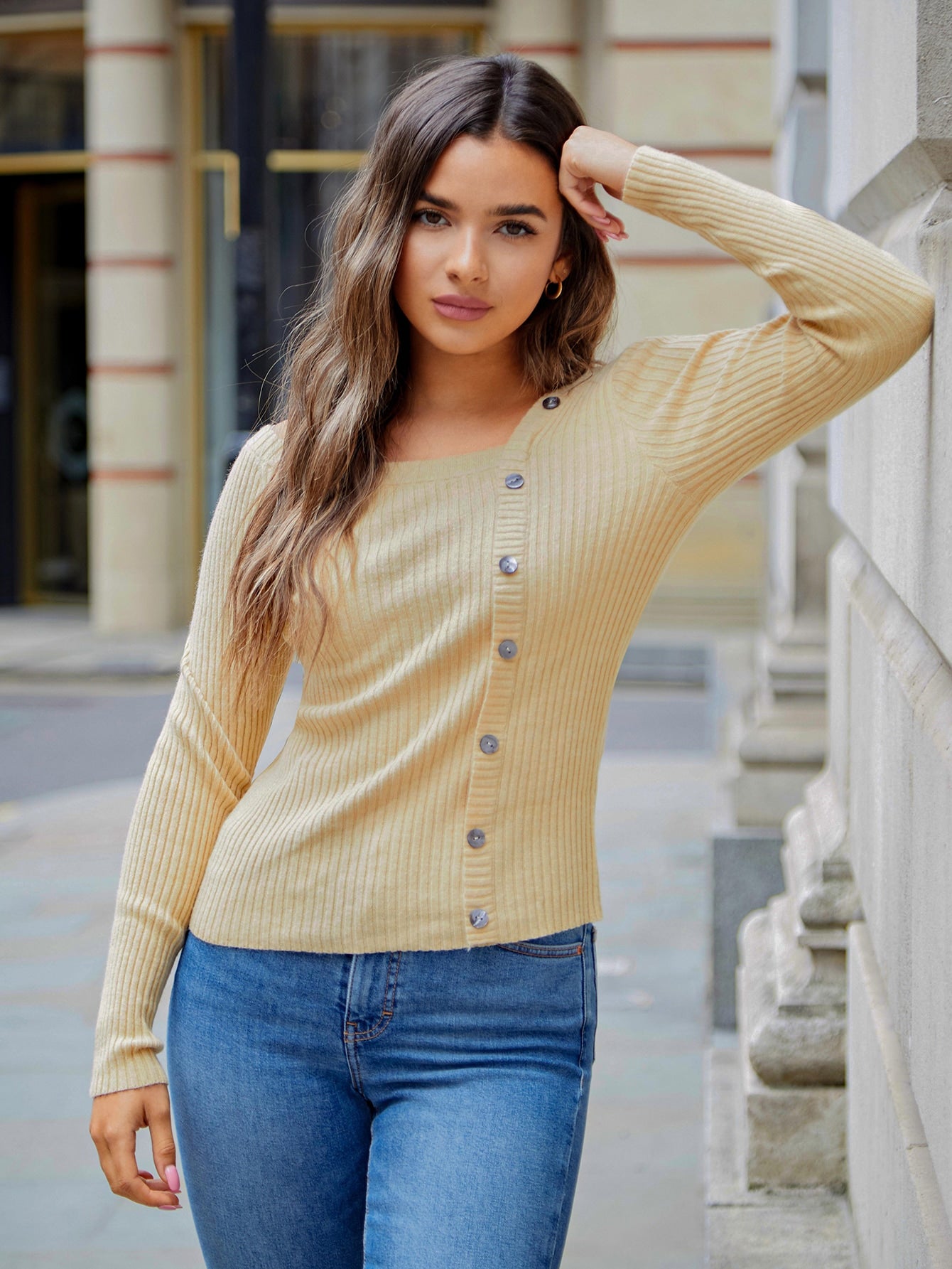 Button Front Ribbed Knit Sweater