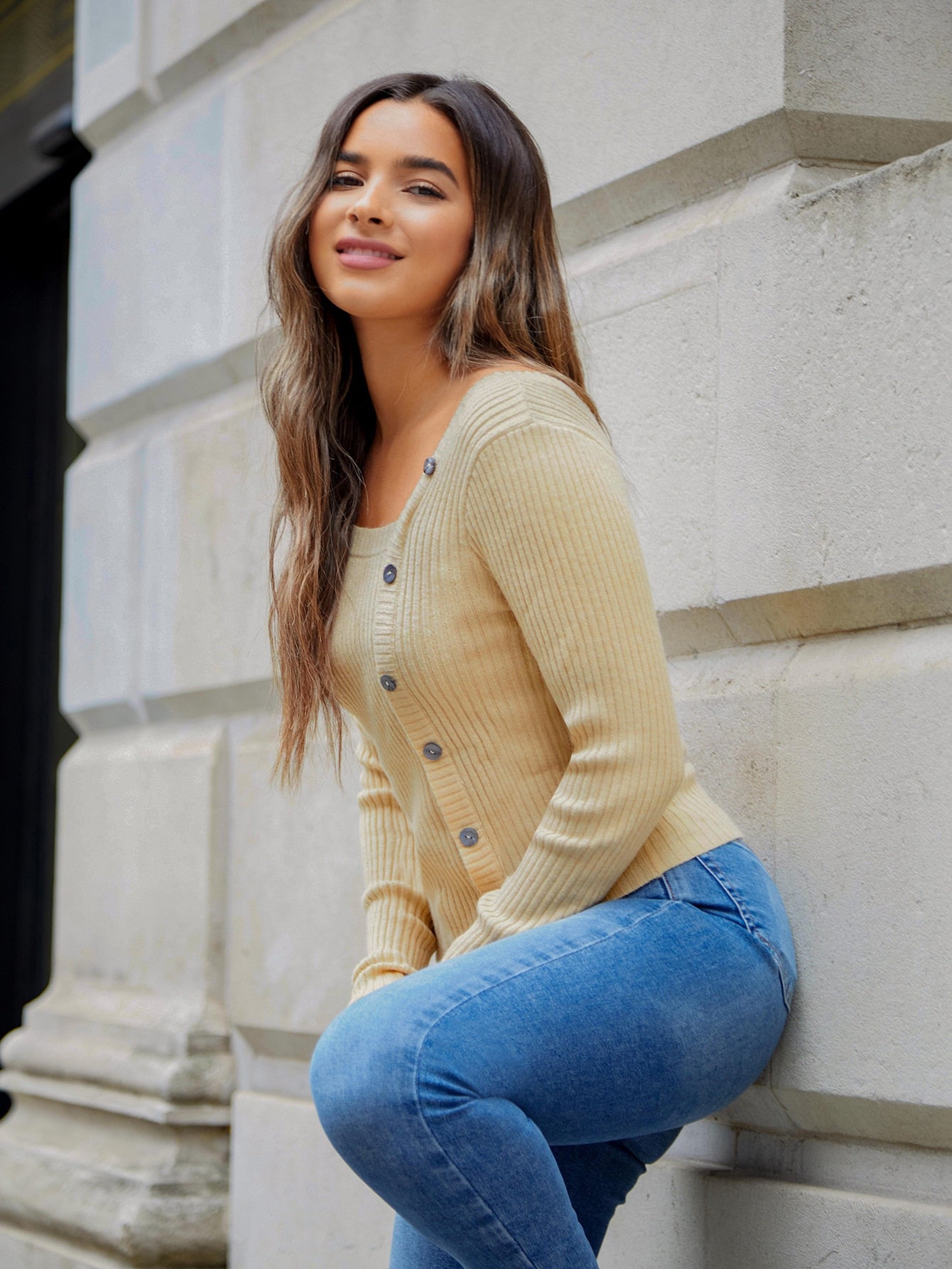Button Front Ribbed Knit Sweater