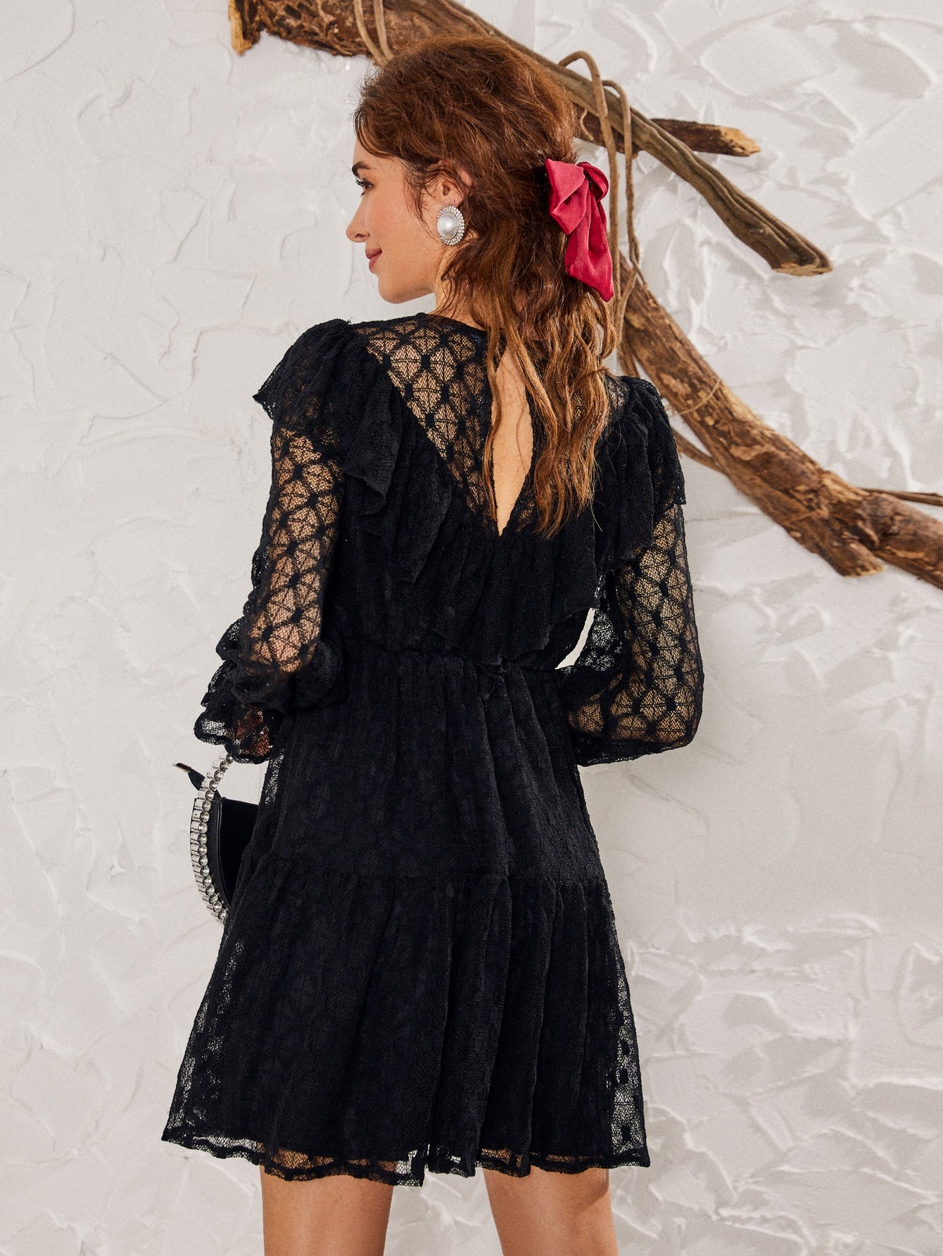 Keyhole Back Ruffle Trim Lace Dress