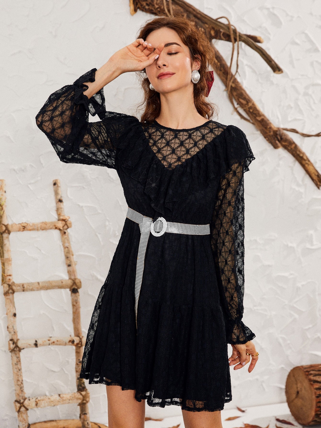 Keyhole Back Ruffle Trim Lace Dress