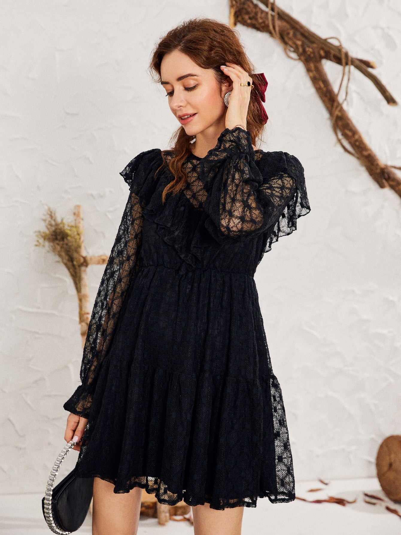 Keyhole Back Ruffle Trim Lace Dress