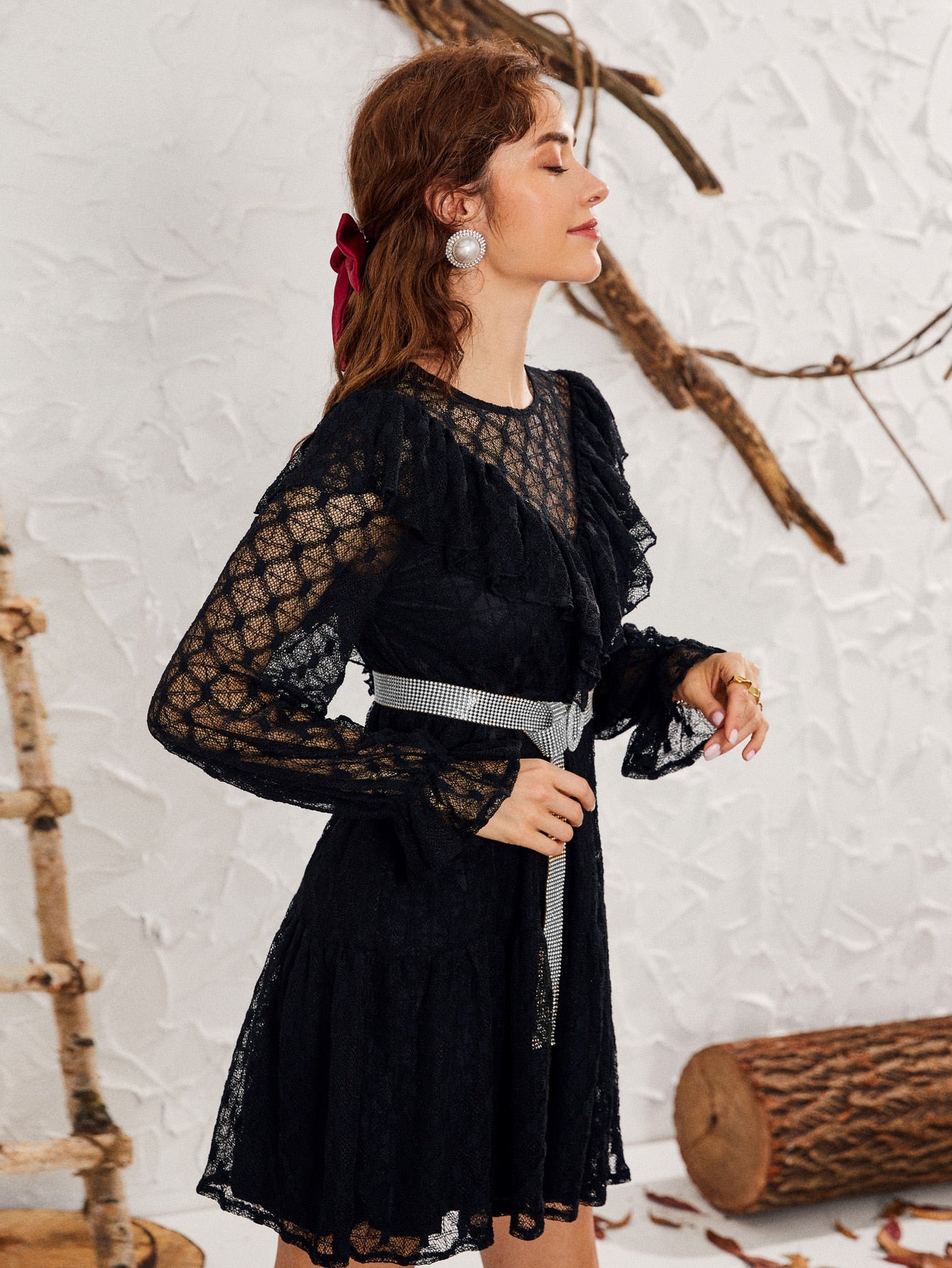 Keyhole Back Ruffle Trim Lace Dress