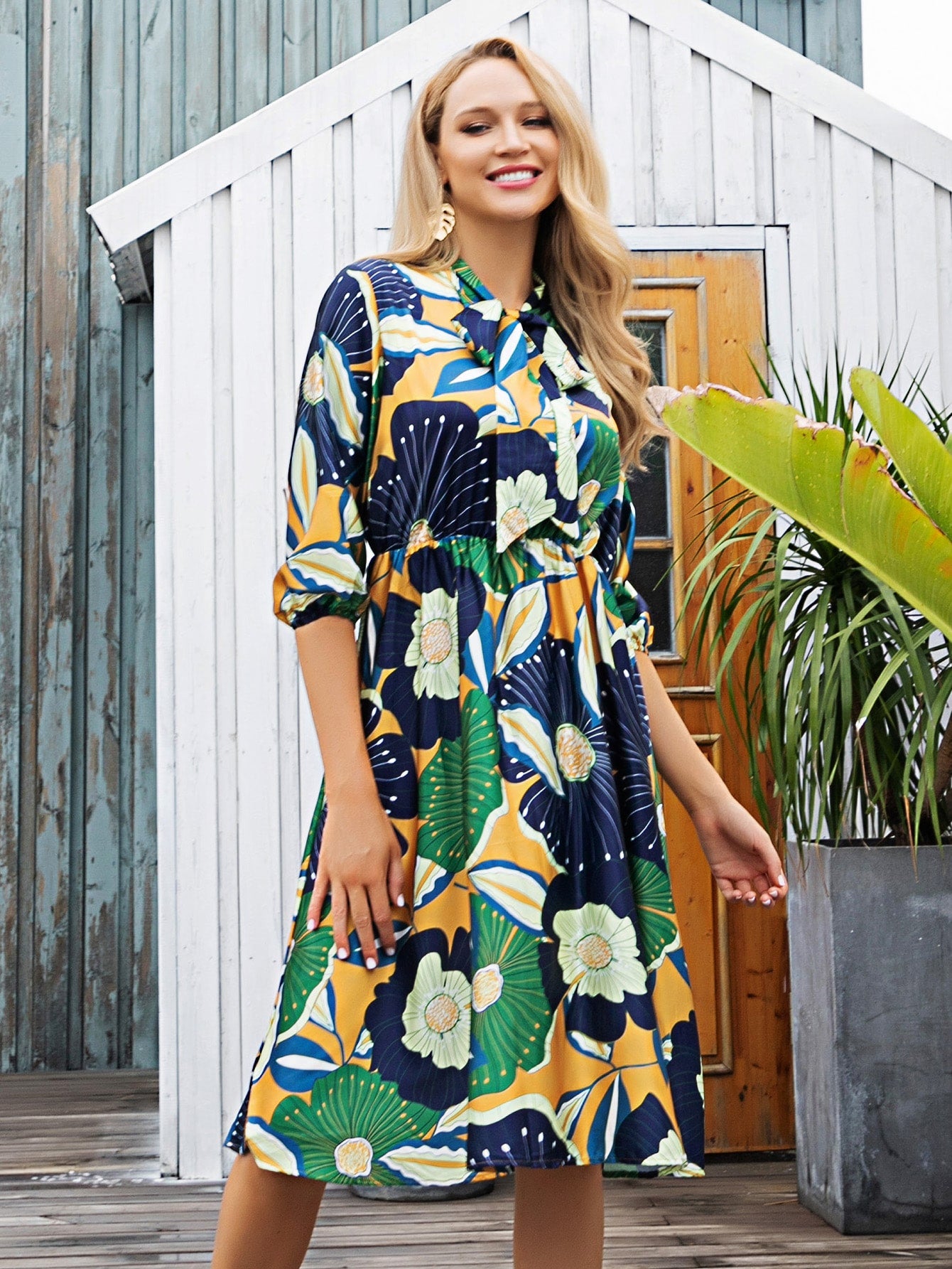 Large Floral Tie Neck Dress