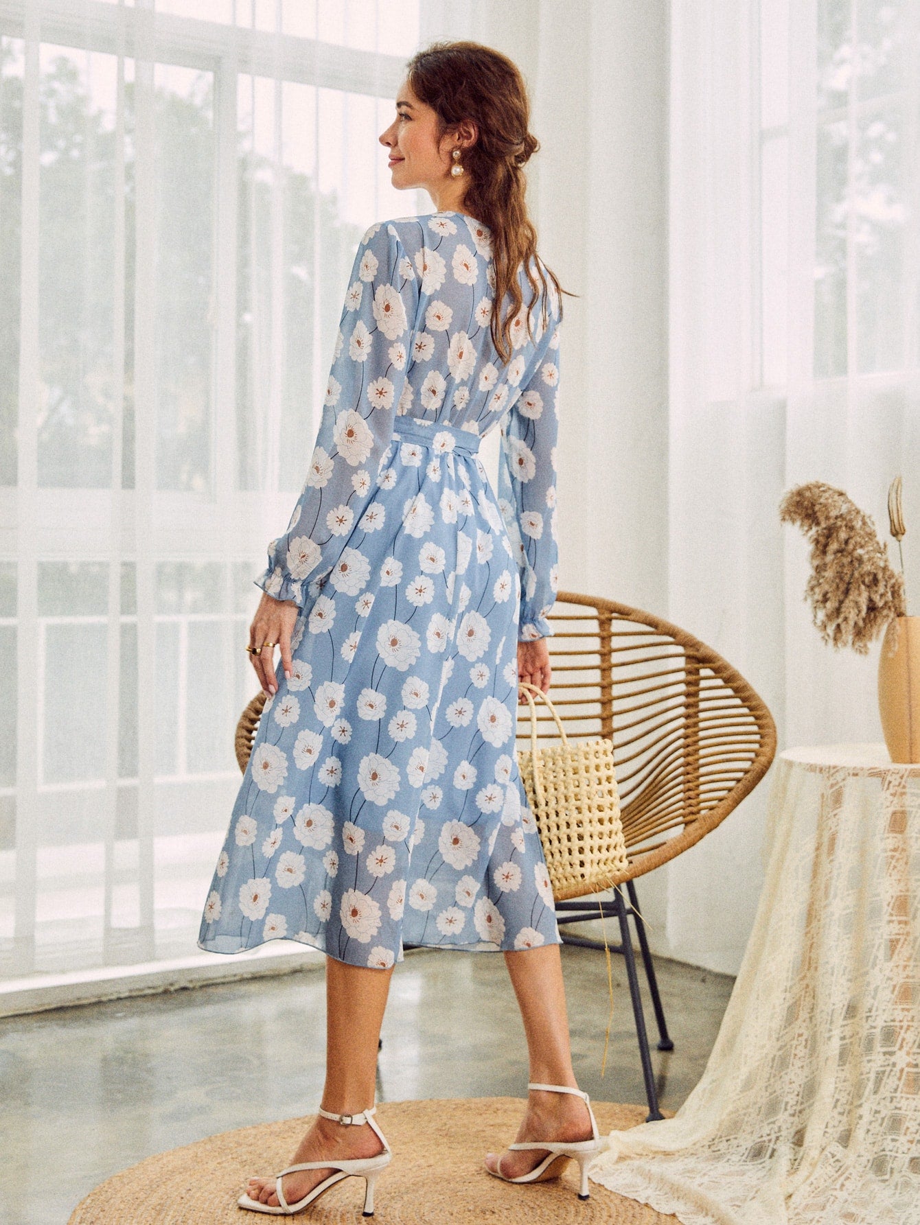 Keyhole Neck Belted Lantern Sleeve Floral Chiffon Dress