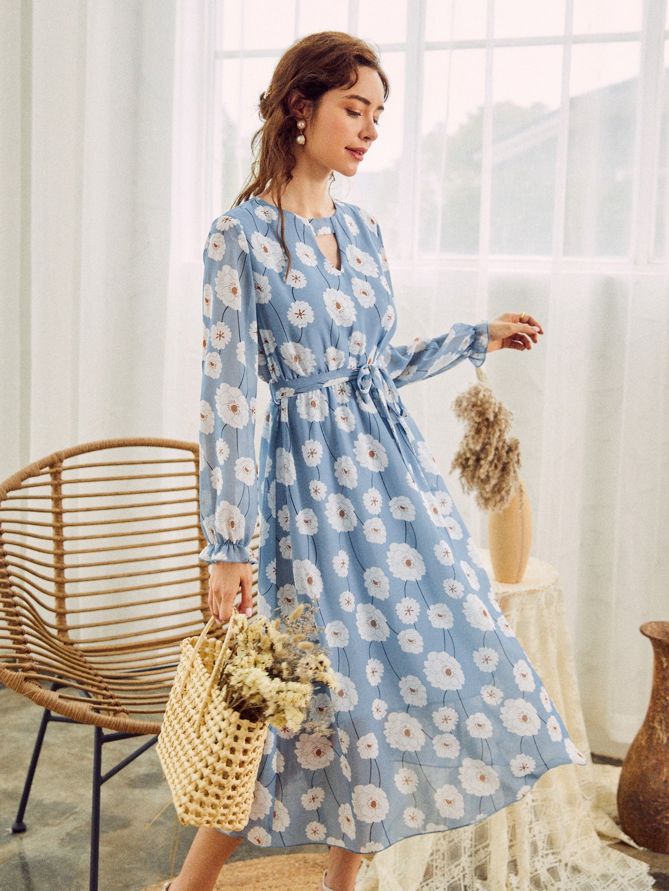Keyhole Neck Belted Lantern Sleeve Floral Chiffon Dress