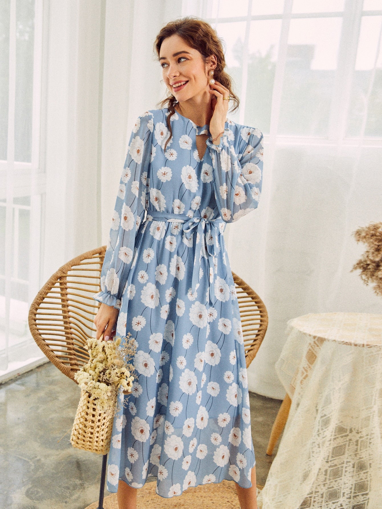 Keyhole Neck Belted Lantern Sleeve Floral Chiffon Dress