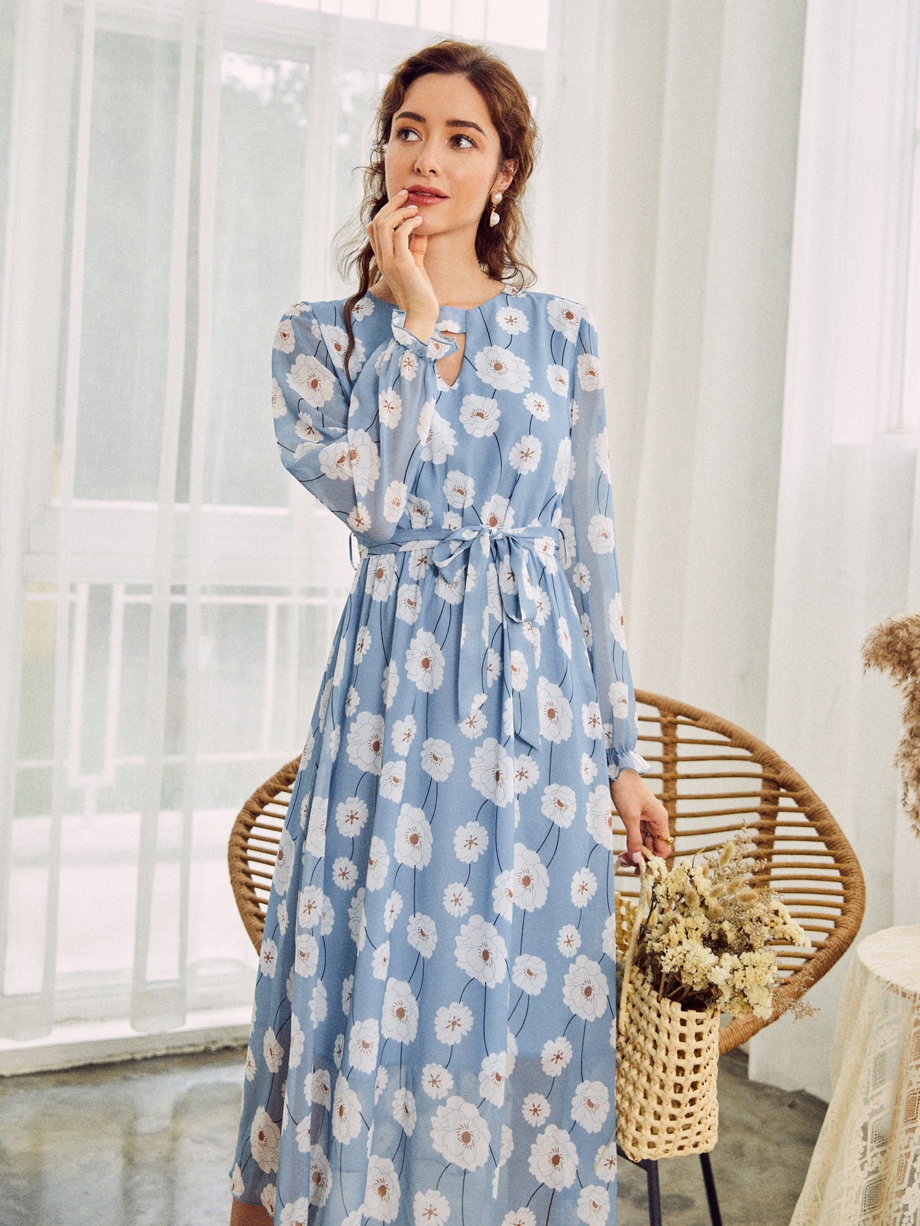 Keyhole Neck Belted Lantern Sleeve Floral Chiffon Dress