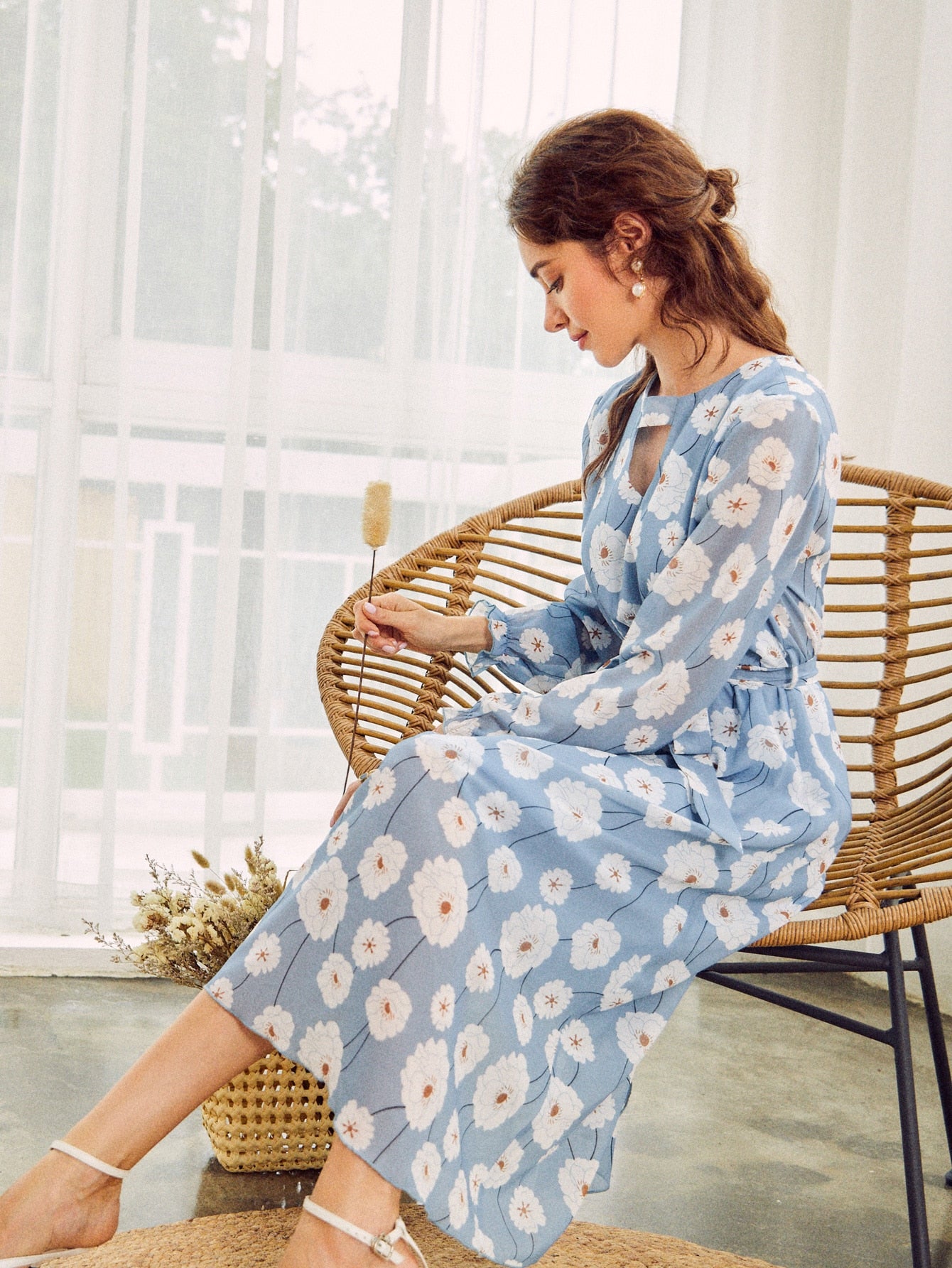Keyhole Neck Belted Lantern Sleeve Floral Chiffon Dress
