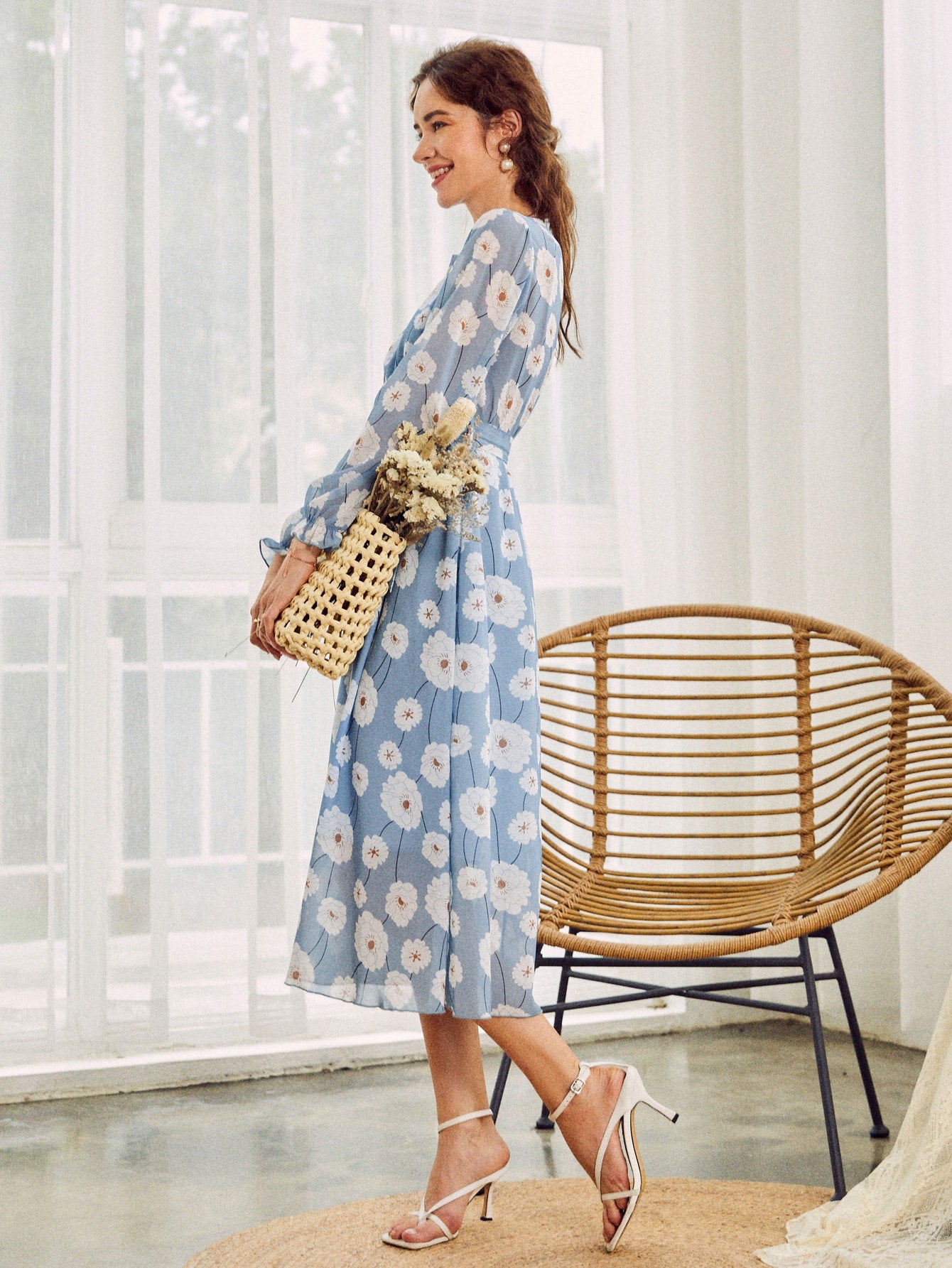 Keyhole Neck Belted Lantern Sleeve Floral Chiffon Dress