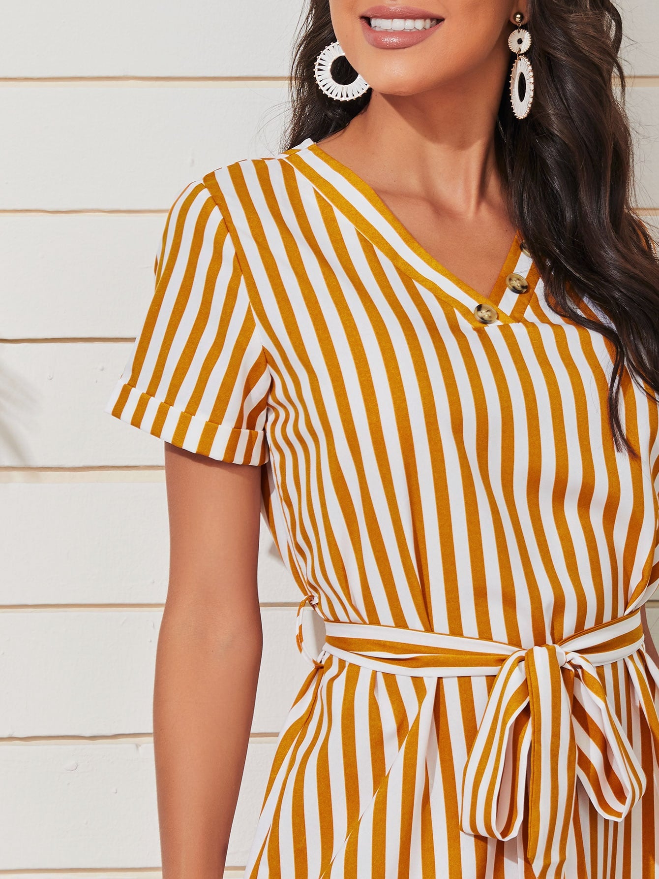 Vertical Striped Self Tie Fitted Dress