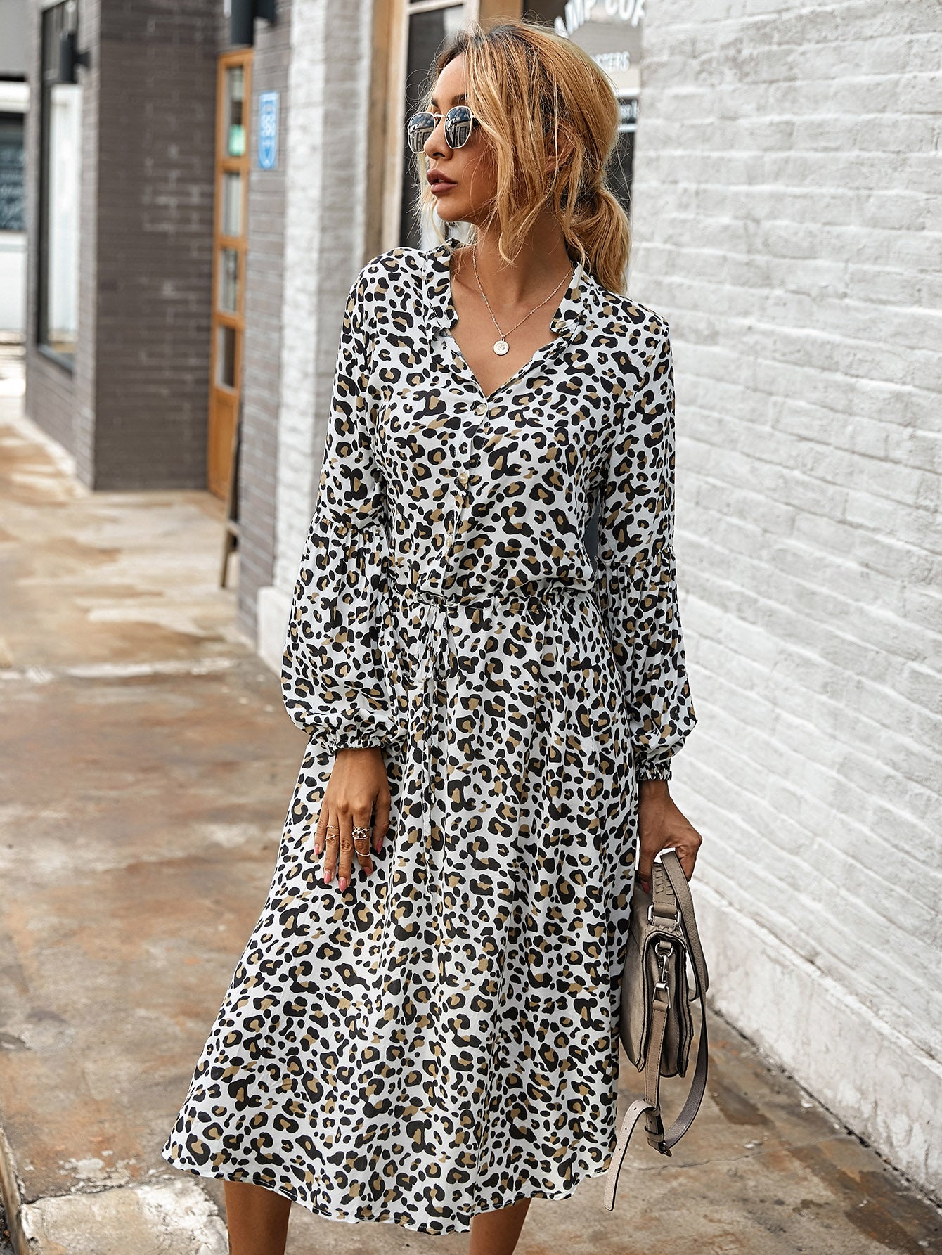 Leopard Notched Neck Knot Button Front Dress