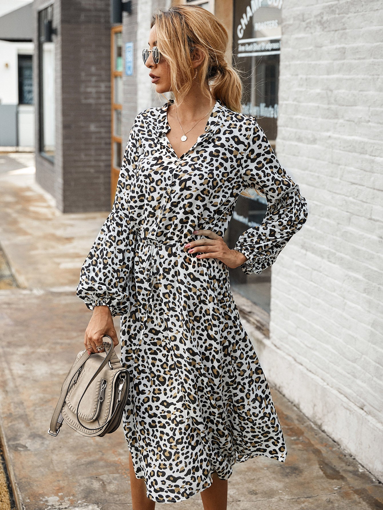 Leopard Notched Neck Knot Button Front Dress