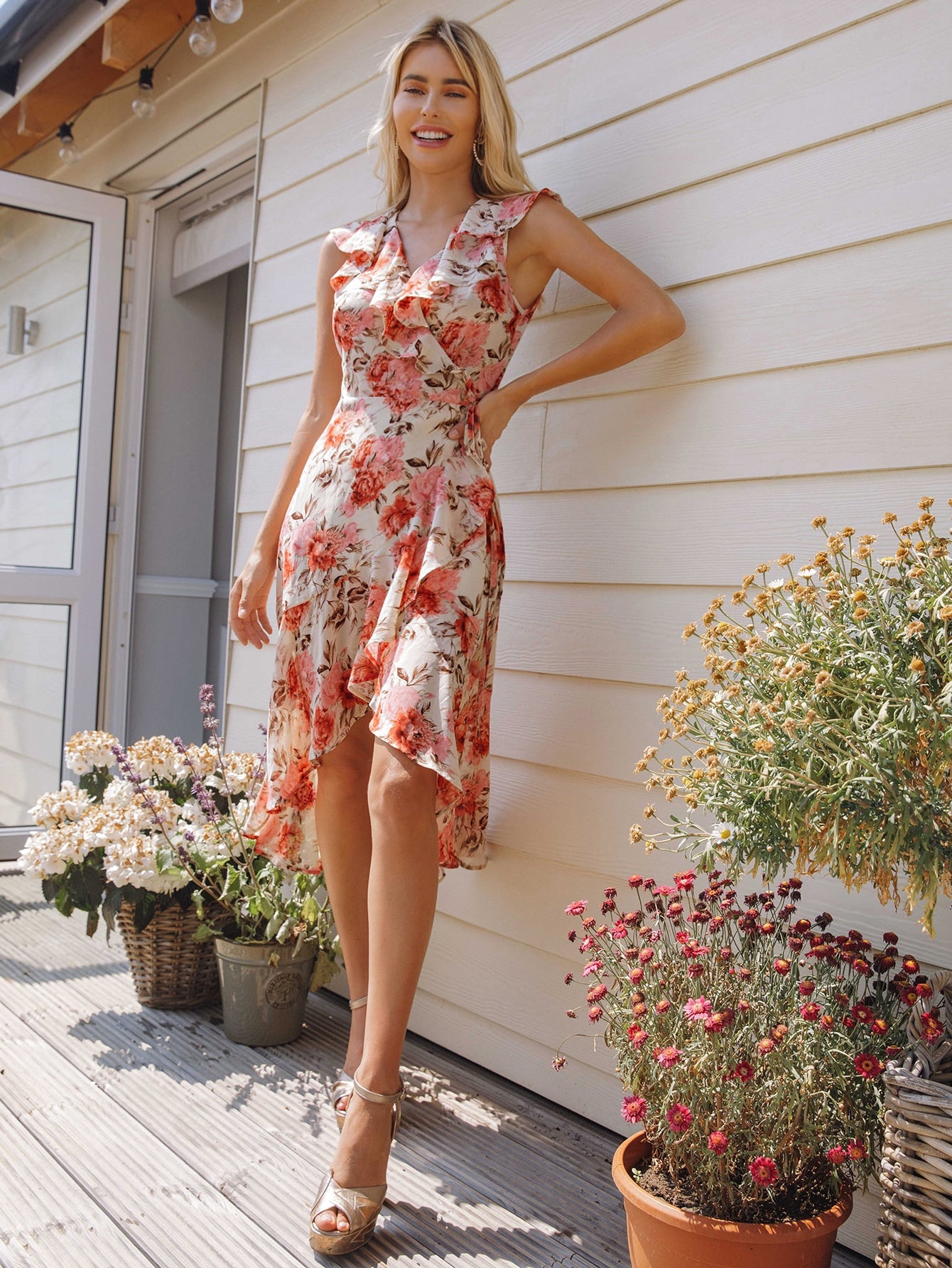 Surplice Neck Wrap Ruffle Detail Floral Dress
