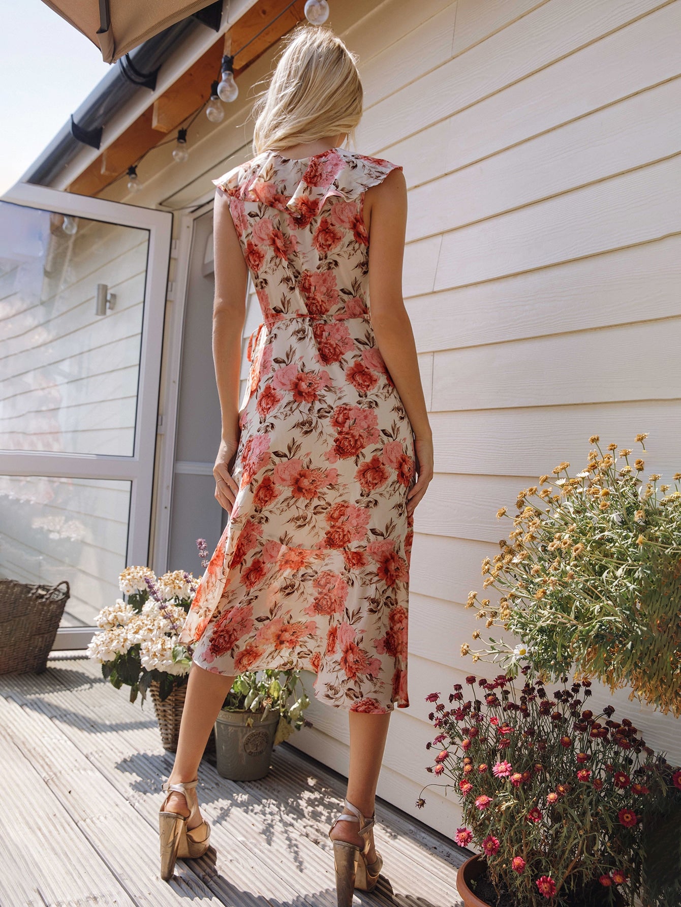 Surplice Neck Wrap Ruffle Detail Floral Dress