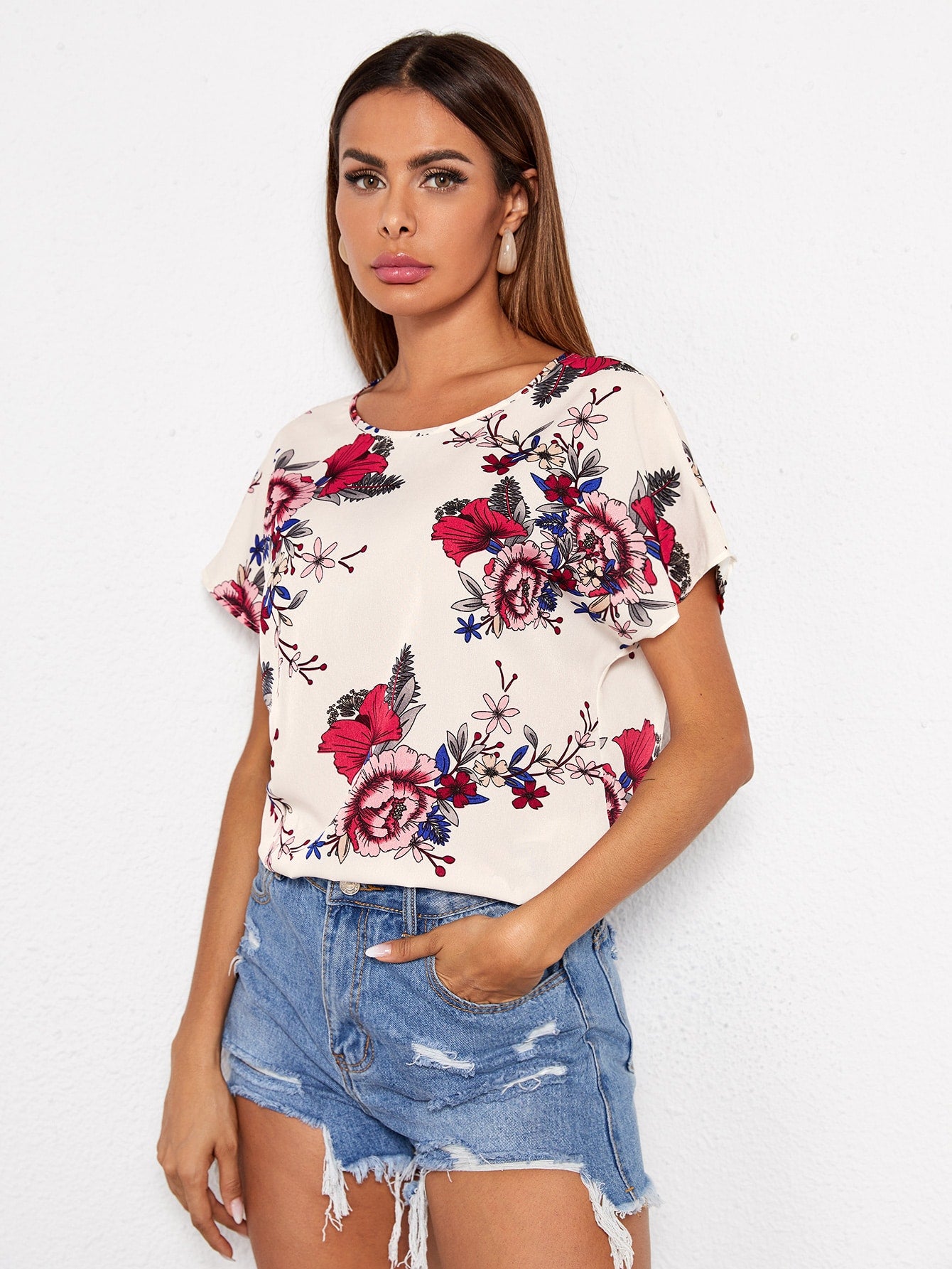 Batwing Sleeve Floral Print Top