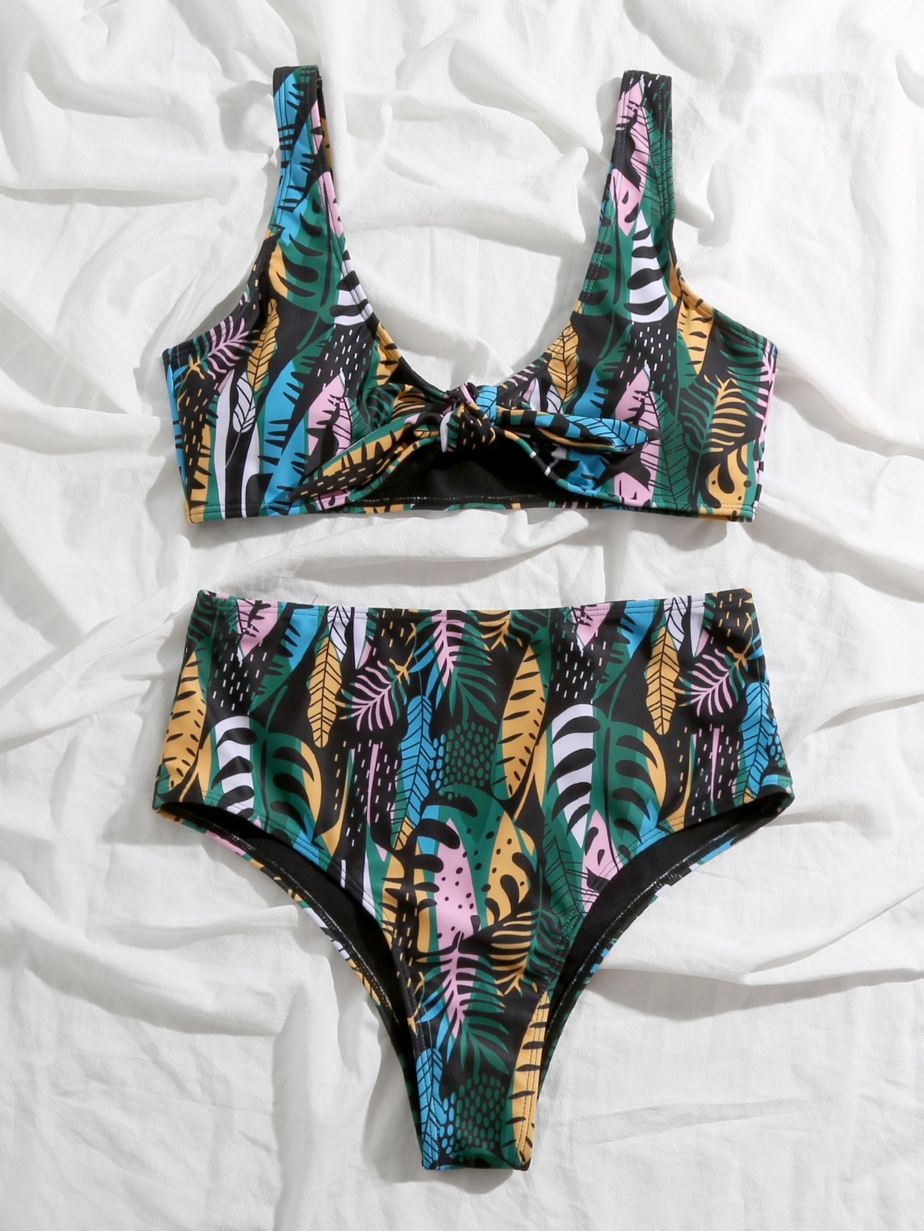 Tropical & Plant Print Knot Front Bikini Swimsuit
