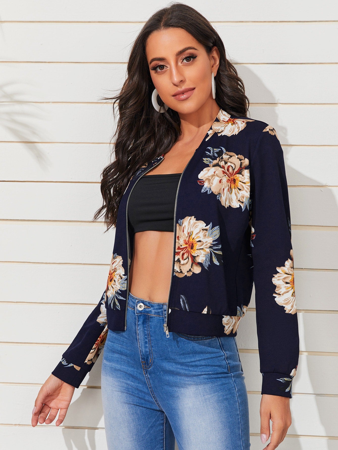 Floral Print Zip Up Jacket