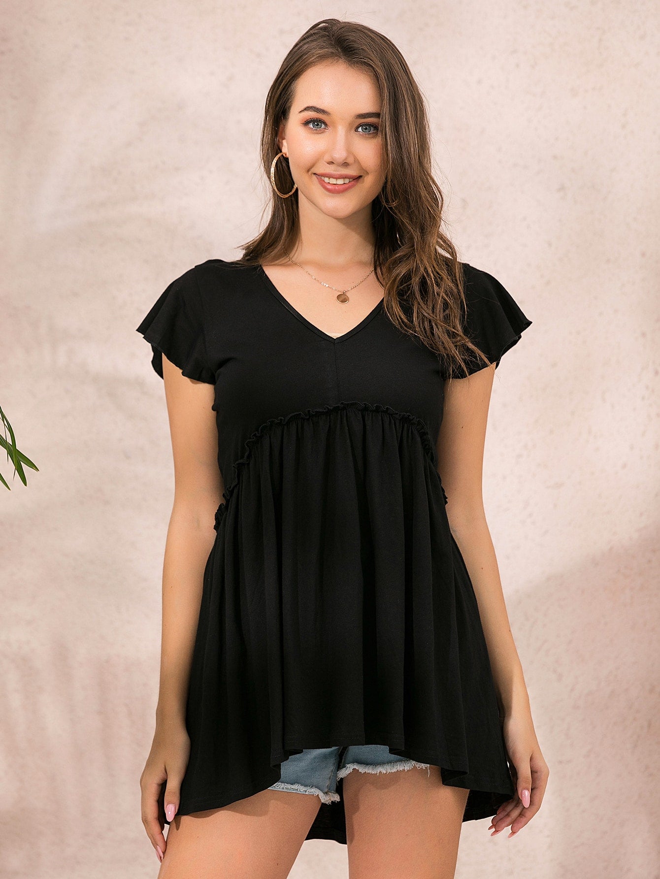 Solid Ruffle Trim Babydoll Tee